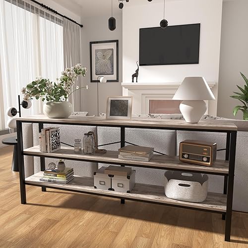 Miniatura 3 de Vida Vistoso Mesa consola industrial de 71 pulgadas detrás del sofá, mesa de sofá extra larga con estantes de almacenamiento de madera de 3 niveles,