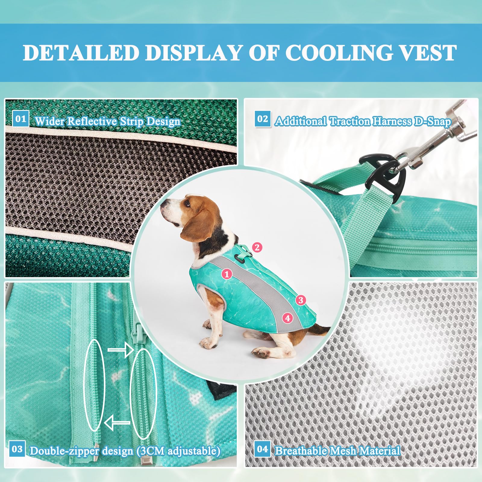 Hundekühlweste mit Sonnenschutz, Geschirr-D-Ringen, verstellbarem Reißverschluss - reflektierende, atmungsaktive Jacke für kleine, mittlere und große Hunde - Kühlwestenmantel (Grün, L)
