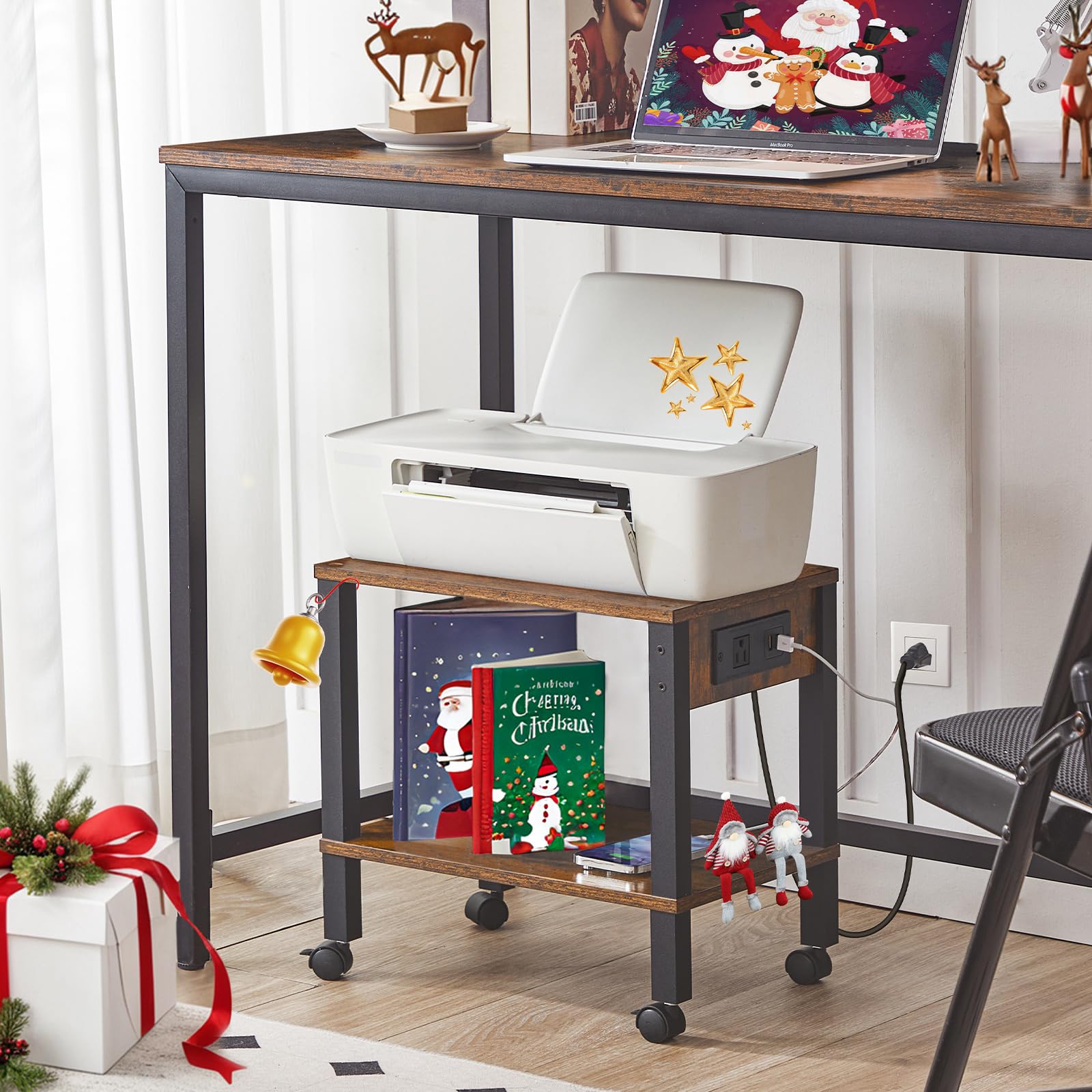 HOOBRO 2-Tier Printer Stand with Charging Station Under Desk Printer Table Printer Cart with Storage Shelves Shelf for — view 2