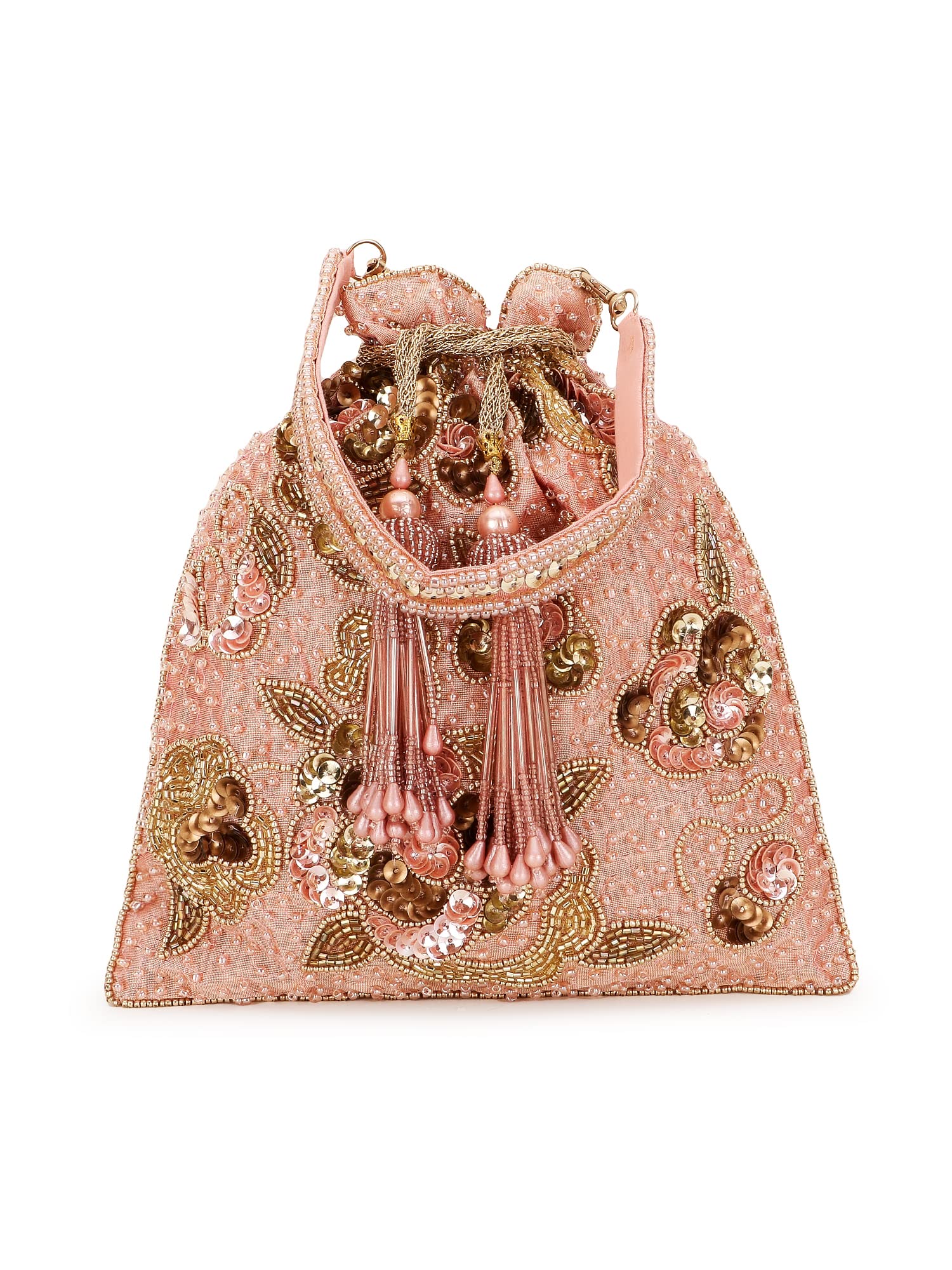 Dangle Dusky Pink & Gold Floral Embellished Faux Silk Potli-image-30