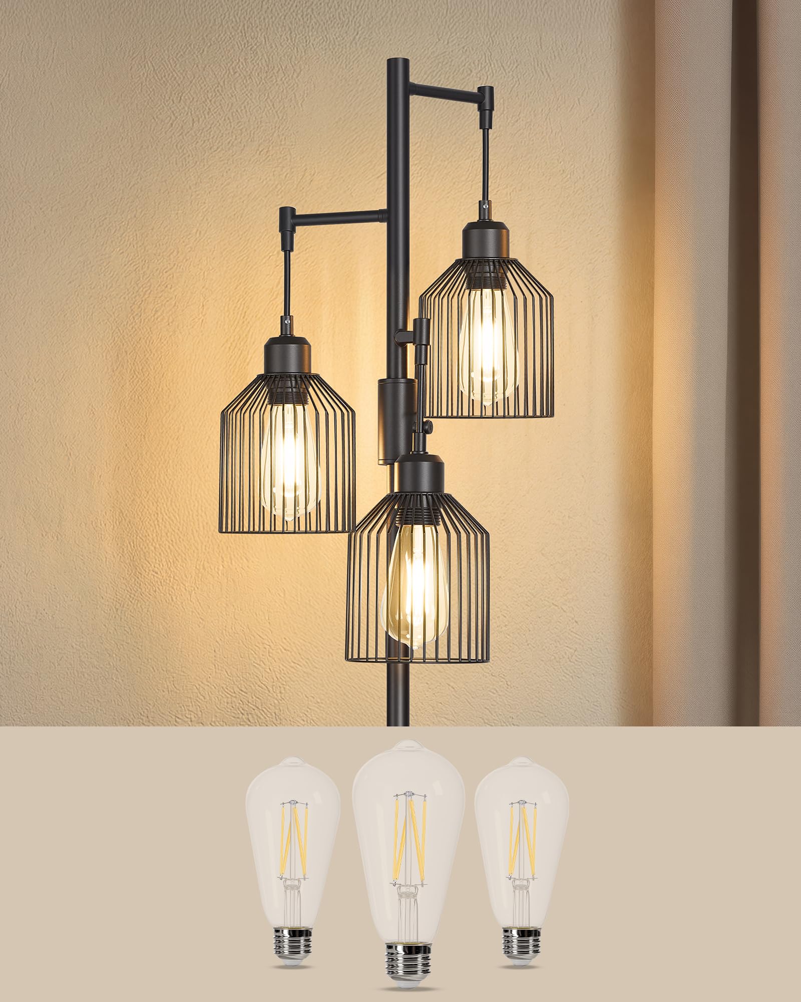 Lampa podłogowa VASAGLE, lampa stojąca, lampa podłogowa z 3 źródłami światła, regulowana jasność, klosz metalowy, 3 gniazda E27, nowoczesna, atramentowa czerń LFL013BD02