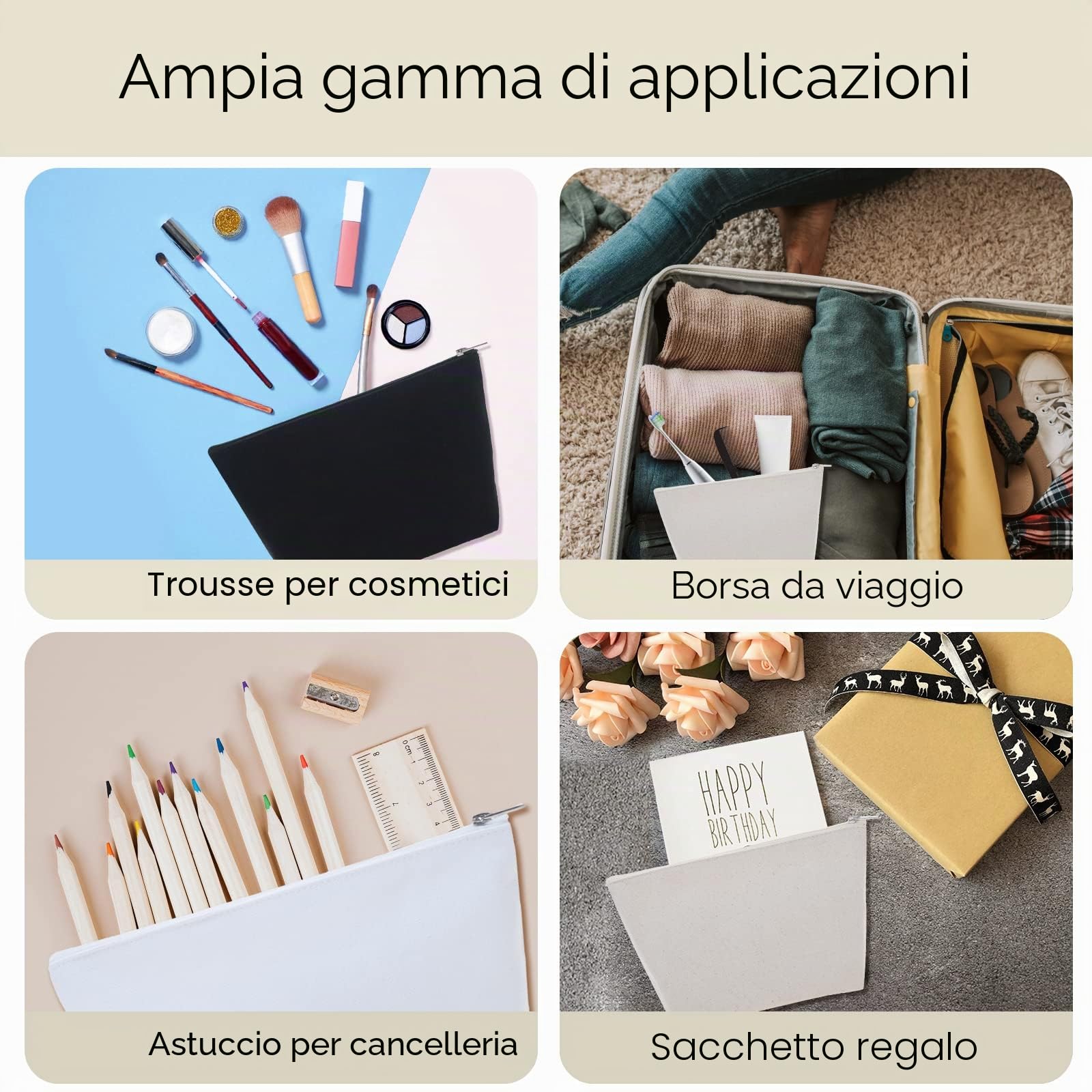 Aspire 6-Confezione Borse Cosmetiche da Viaggio fai da in Tela, Pochette tela 24 x 14 x 7,5 cm - Naturale