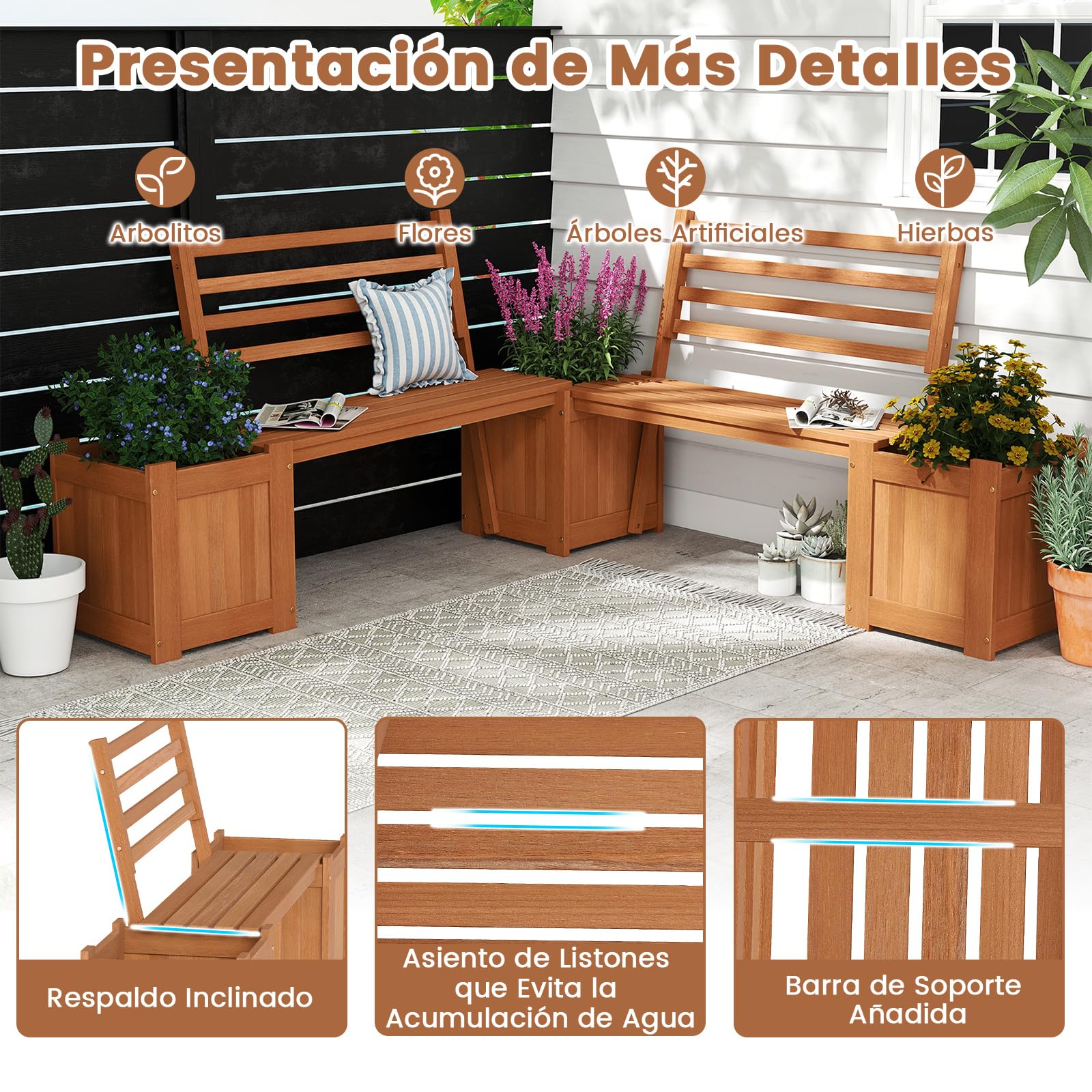 COSTWAY Jardinera de Madera con Banco, Banco Jardin Exterior con 2 Maceteros y Respaldo, Cama de Jardín Elevada con Base Abierta y Acabado de Aceite de Teca, Macetero Grande Decorativo, 172x46,5x91 cm