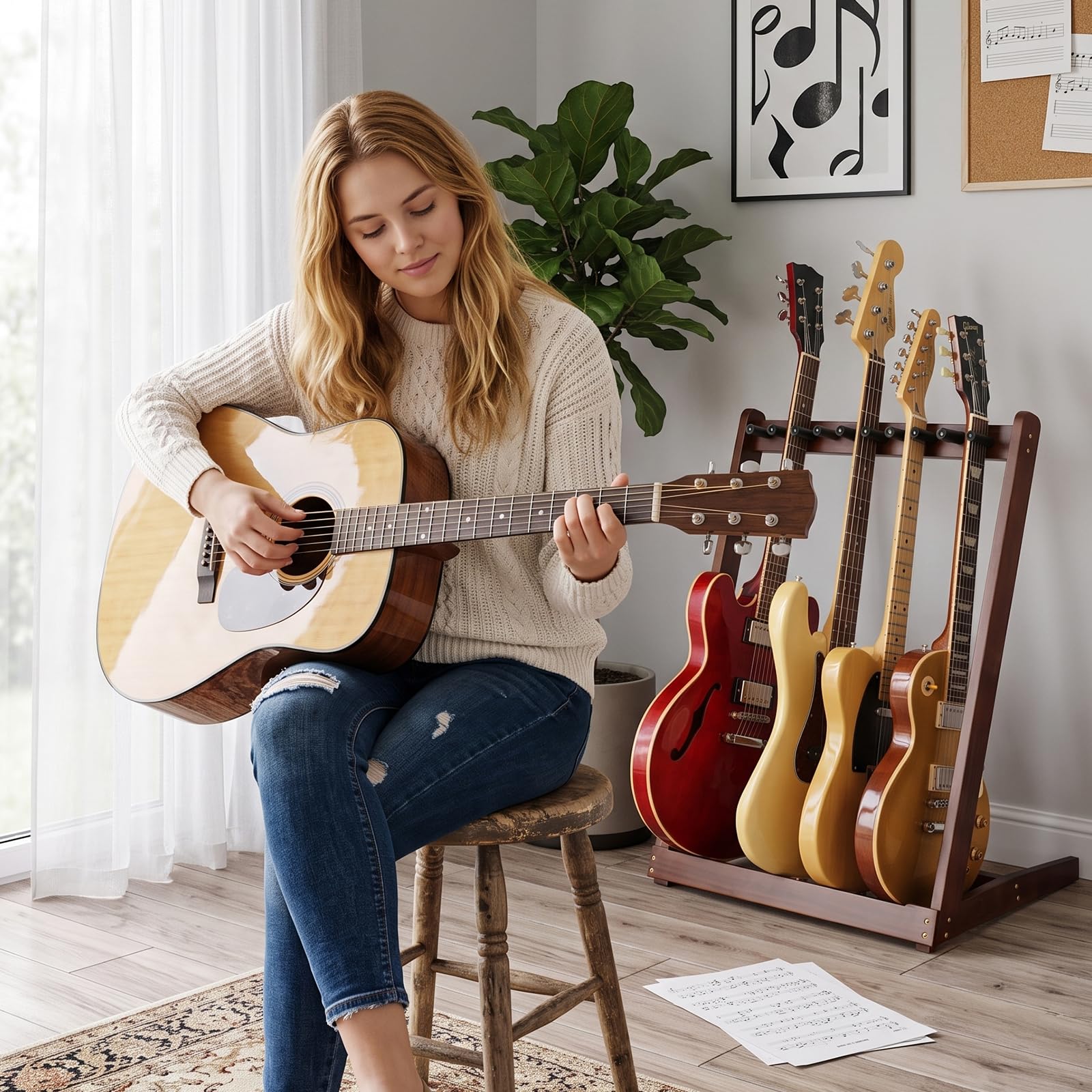 Soporte de madera para 5 guitarras, pie en el suelo, soporte múltiple para guitarra, soporte múltiple para exhibición para estudio y hogar, adecuado para guitarras eléctricas, Akusti