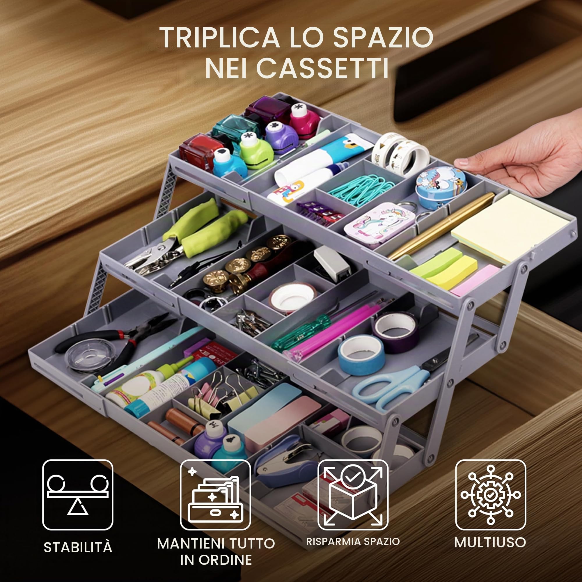 Belle Vous Organizer per Cassetti - Divisorio Plastica con 3 Ripiani - Organizzatore Ripiegabile per Trucchi e Gadget - Porta Oggetti a Scomparti da Casa e Ufficio