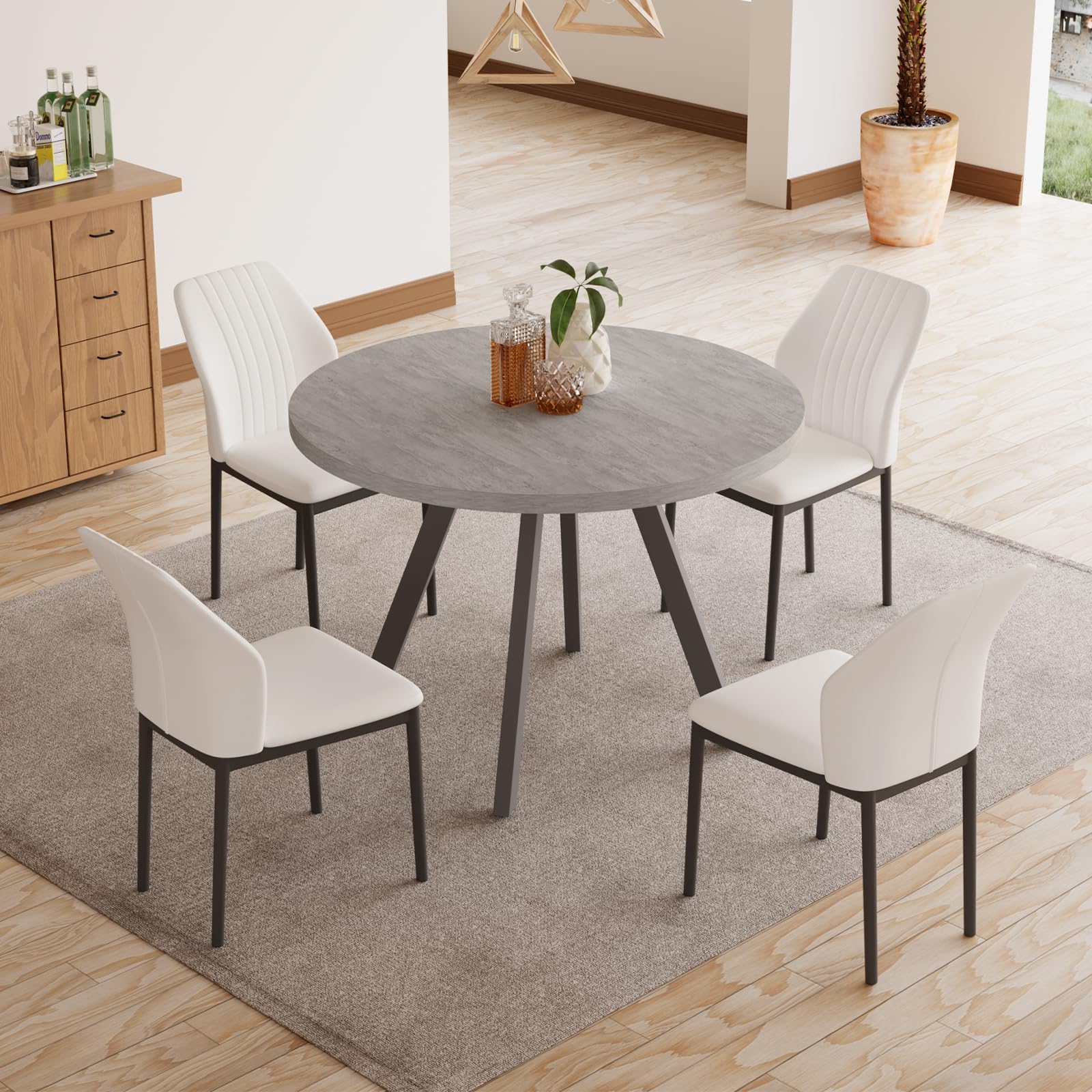 34.6'' Round Dining Table and Chairs for 4, Mid Century Modern Round Table Set, Space Saving for Apartment Kitchen Dining Room (Grey Table+4 White Chairs)