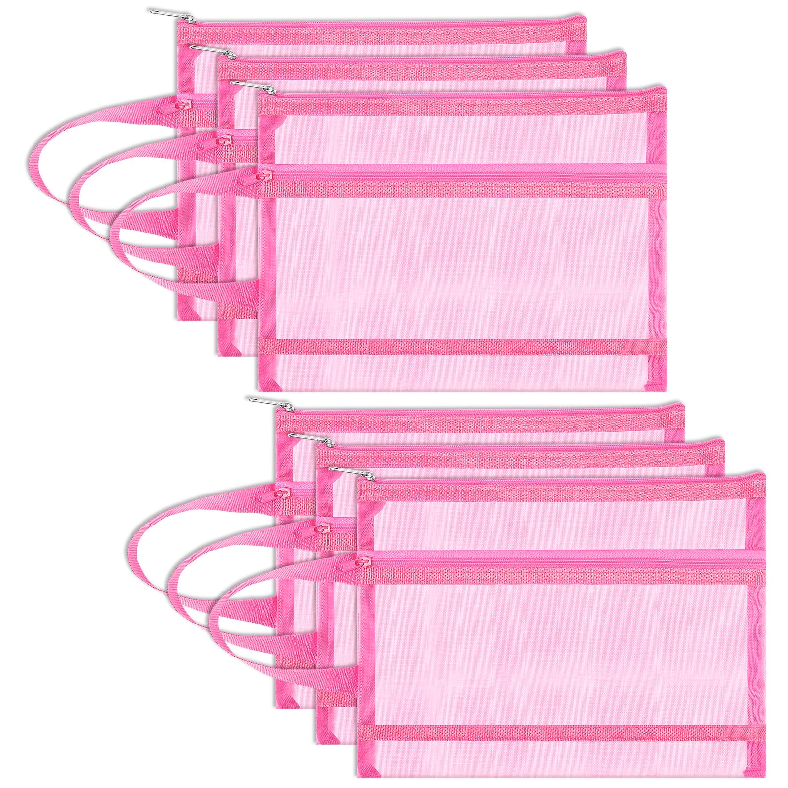 Fassave 6 Pack Mesh Zipper Pouch Bags, Double Layer Nylon Pouch with Handle for Office Travel Organization (Pink, A5)
