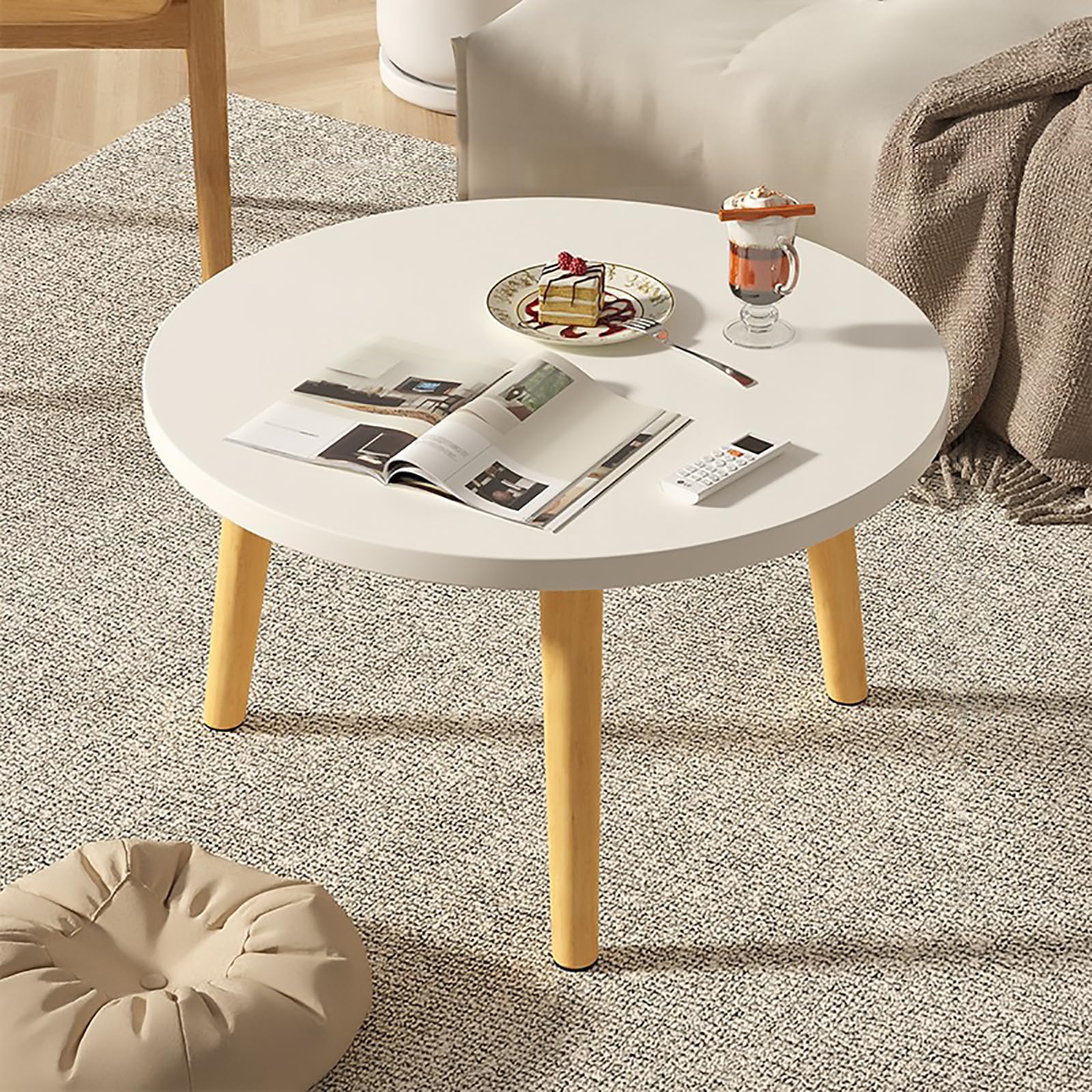 SXZenSpace Modern Round Coffee Table, Wooden Center Table for Living Room, Small Low Study, Desk, Bedroom, Window Side, Tea Room (61cm x 61cm)