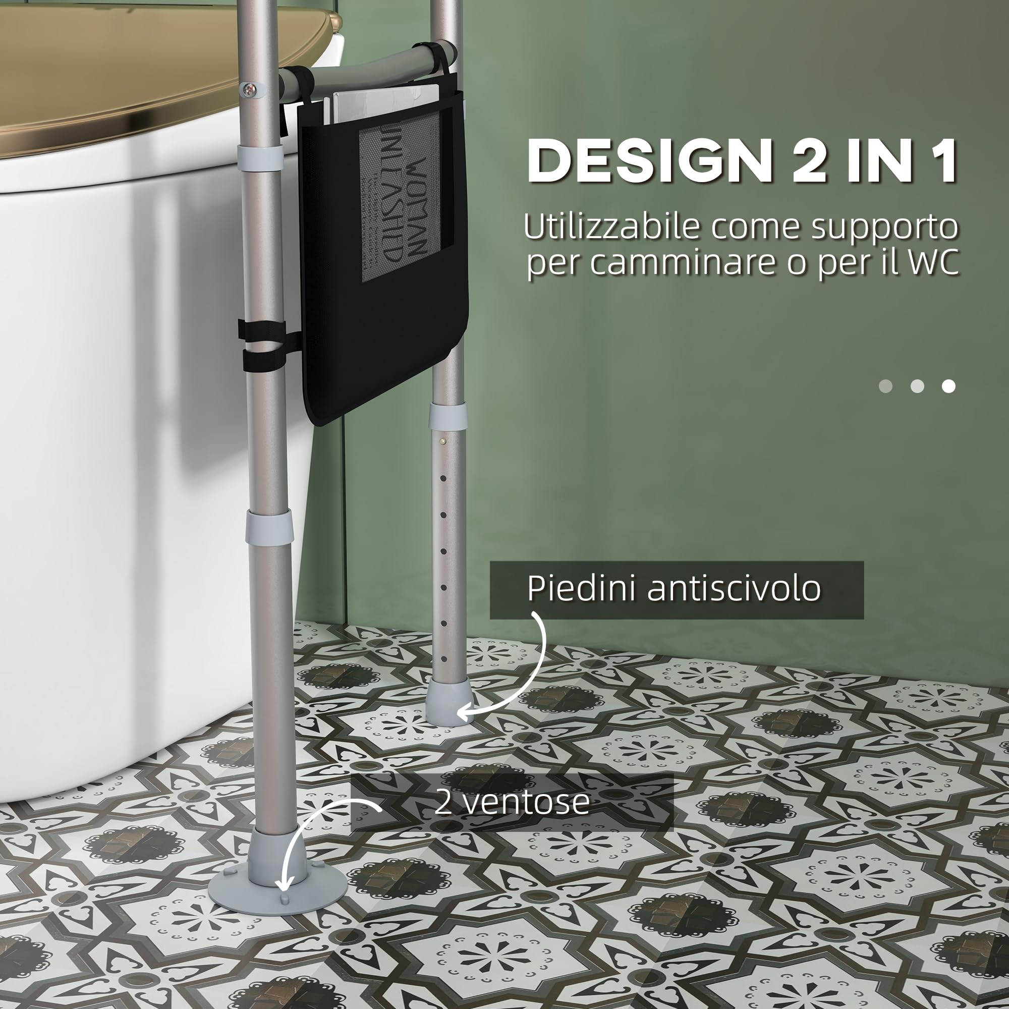 HOMCOM Supporto Water per Disabili, Sostegno con Braccioli per WC Regolabile in Altezza e Larghezza, 2 Piedini a Ventosa e Tasca Laterale