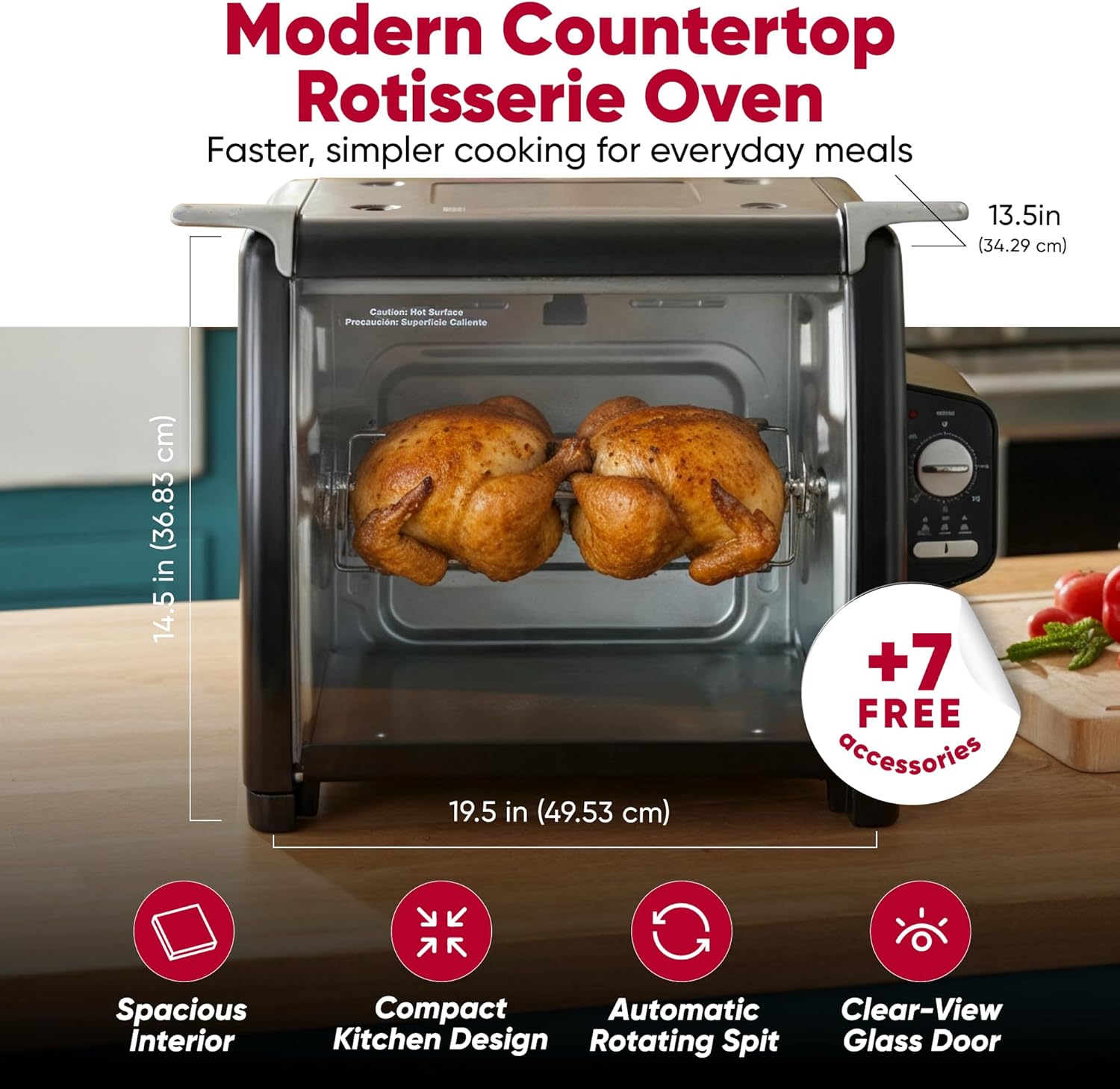 Rotisserie Chicken Countertop Oven - Large capacity (12 Lbs), Automatic Rotation | Heat Shield, Auto Shut-Off | Glass Door, Analog Control | Indoor Roaster - Whole Turkey & Meats, Vegetables | Black