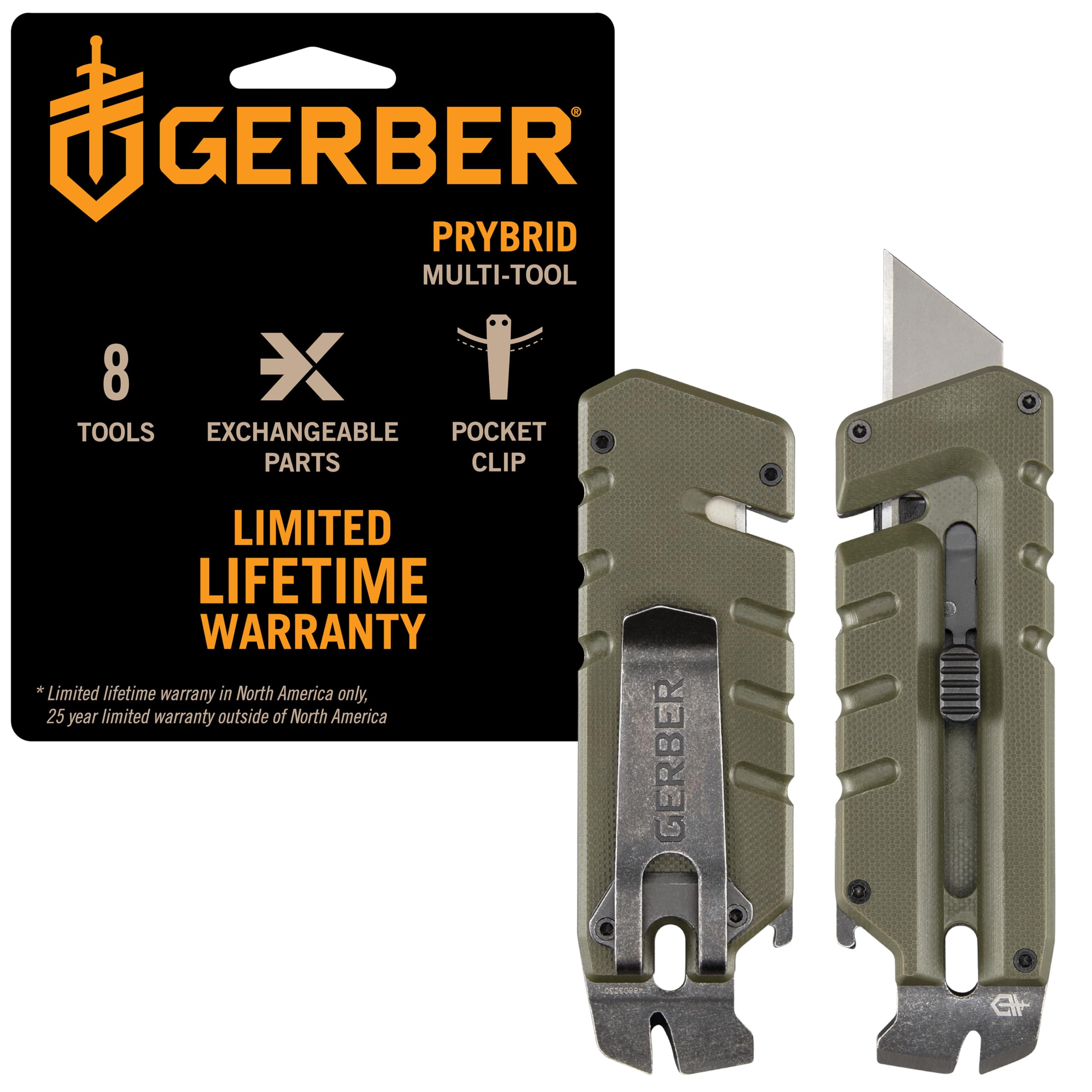 Gerber Prybrid EDC Pocket Knife Multitool 8-in-1 Box Cutter, Green G10