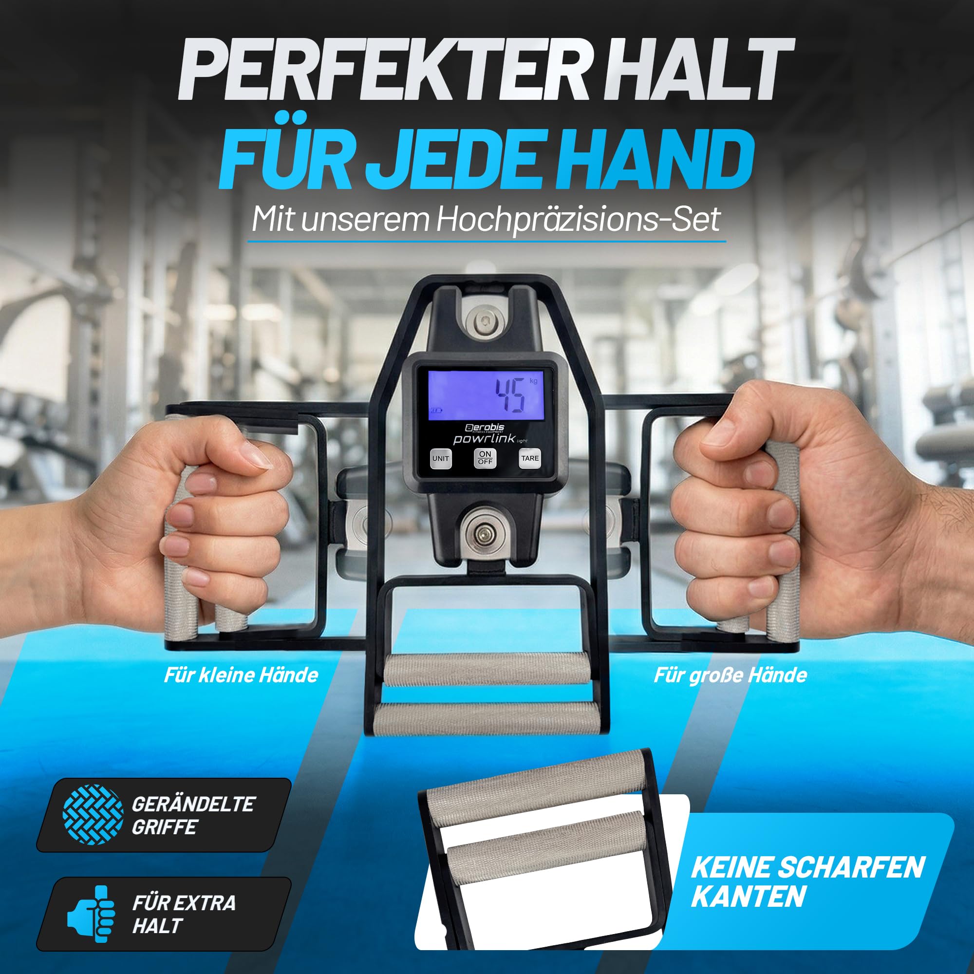 aerobis®  Powrlink  Griffkraftmesser - inkl. Live-Tracking App - hochpräziser Handdynamometer & Griffkraft‑Messgerät bis 300 kg - Digitale Griffkraftmessung für Sport, Fitness, Reha & Krafttraining