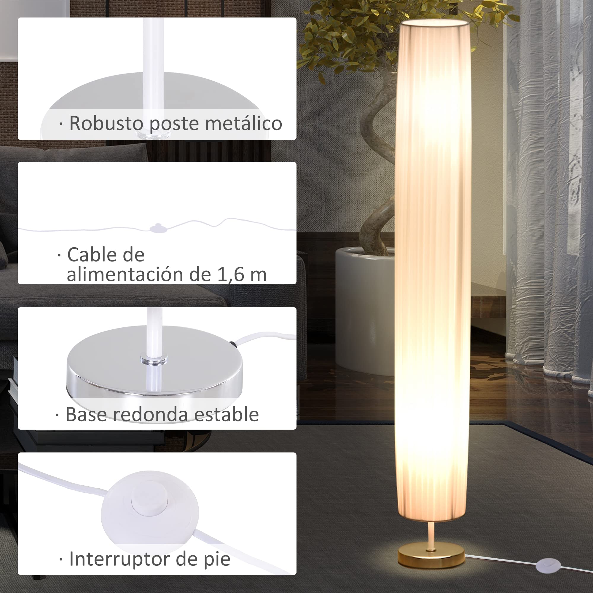 HOMCOM Lámpara de Pie Moderna para Dormitorio Comedor Salón (2 E27 Bombilla) Interruptor de y Bajo Consumo con Base de Acero Inoxidable 120 cm Blanco