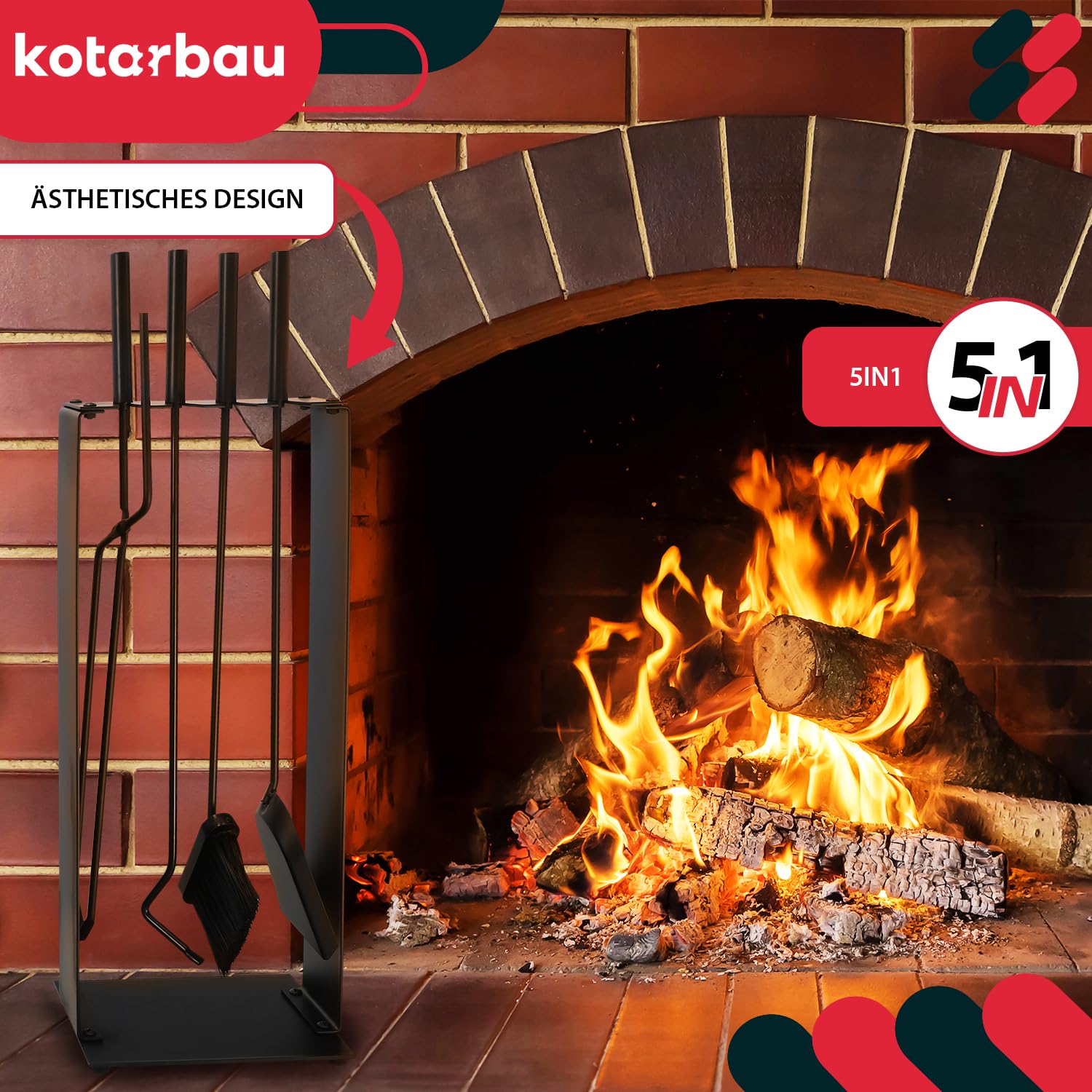 KOTARBAU® Juego de herramientas para chimenea de acero, Set de 5 piezas: escoba, pala, pinzas y atizador de ceniza con soporte de pie, Herramientas para chimenea, estufa, Negro