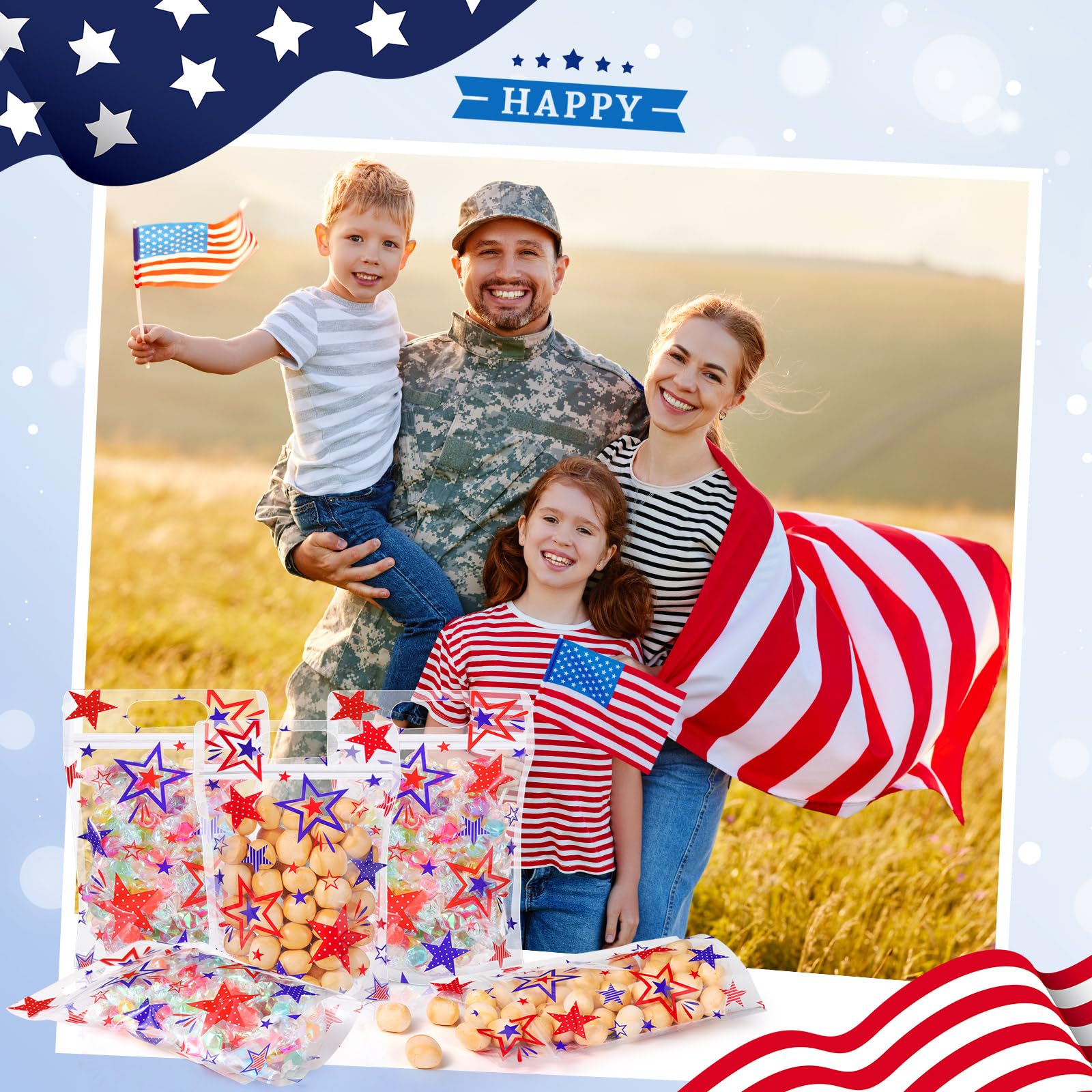 Frienda 60 Pcs 250th Anniversary American Bags Patriotic Star Theme Gift Bags Bulk 4th of July Candy Treat Goodie Handbags for USA Birthday Party Favors Independence Day Labor Day Party Supplies