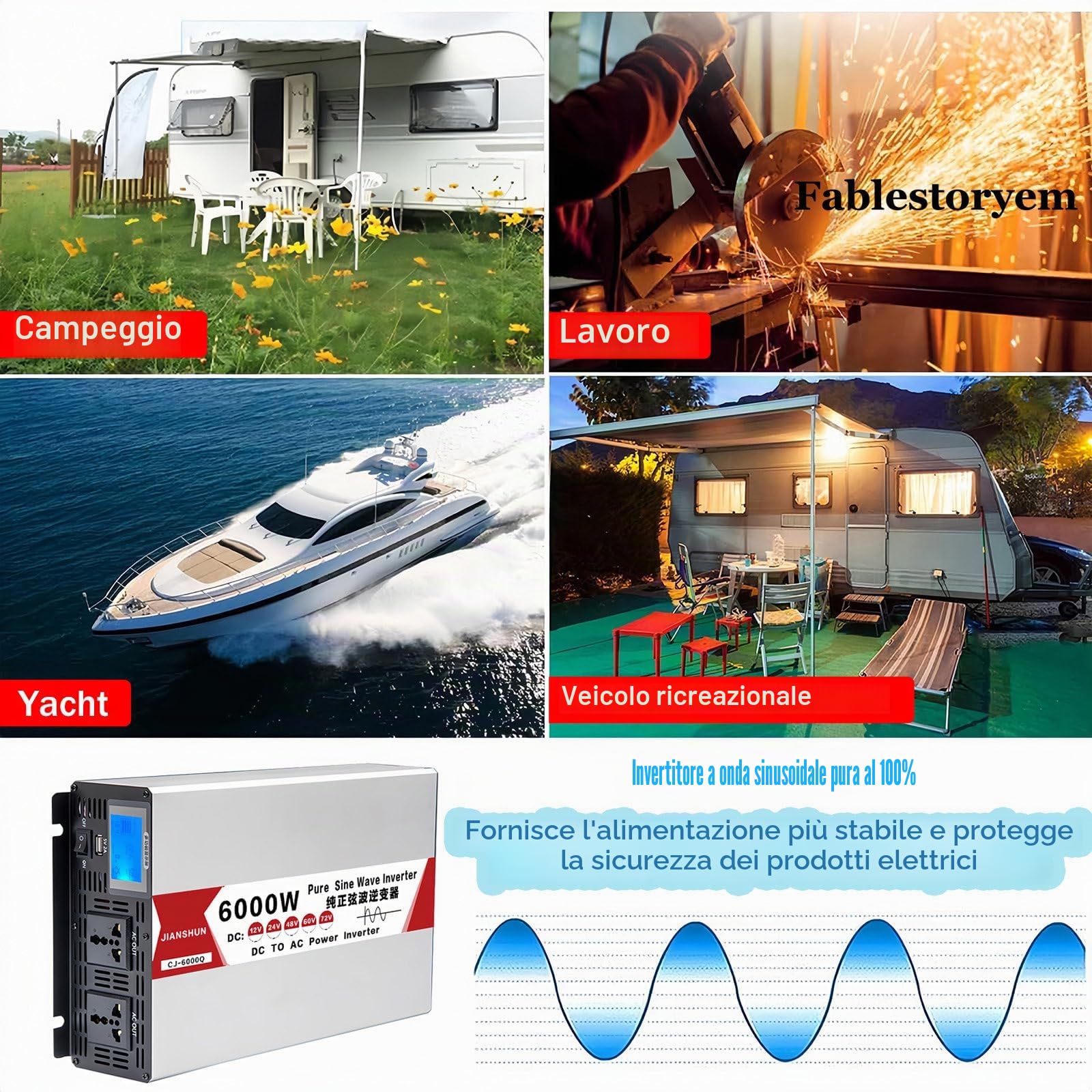 Convertitore di Tensione 4000W 5000W 6000W 8000W Inverter di Potenza 12V 24V 48V 60V CC a 110V 220V CA Inverter a Onda Sinusoidale Pura con Presa, Per Sistemi Solari per Auto e Casa,6000W-24V