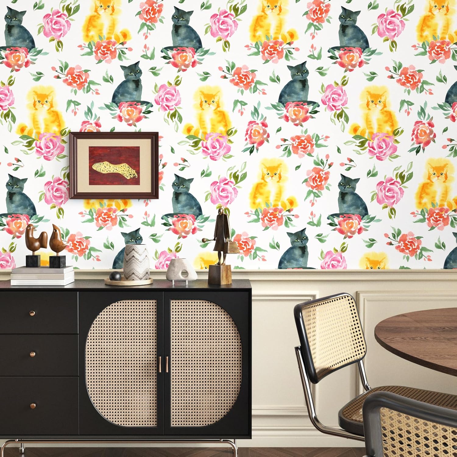 Watercolor Cat Wallpaper Peel and Stick Floral Wallpaper for Living Room Accent Wall Temporary 17.5"x102" Cute Self Adhesive Removable Contact Paper for Cabinets Shelves Drawers