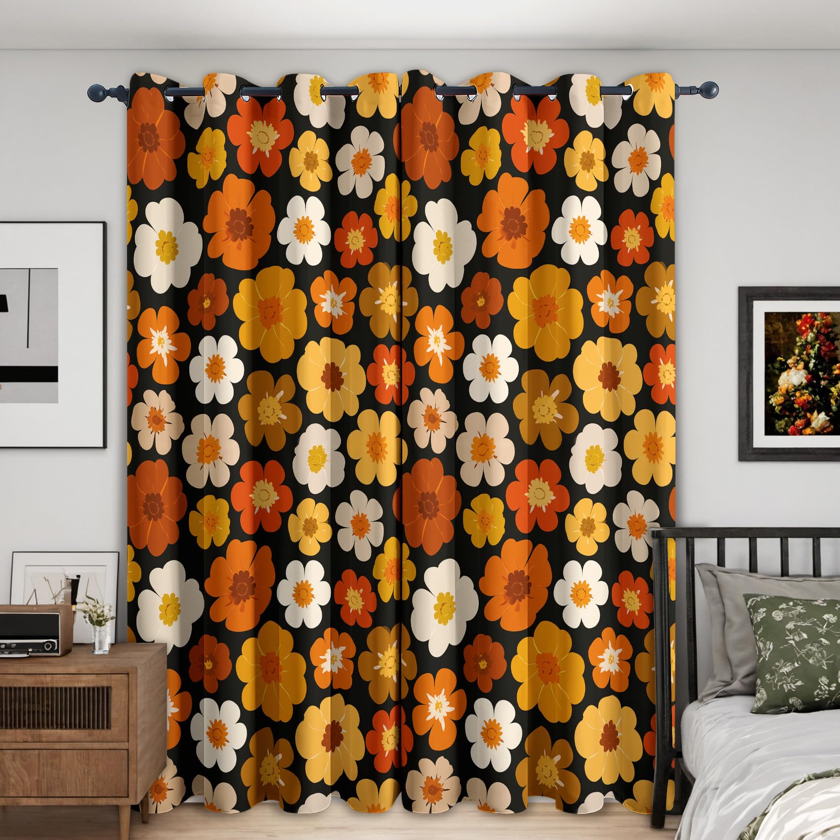 Rideau Hippie Occultant Motif Fleur Orange Jaune Retro Années 70 Rideaux Chambre Salon Cuisine Fenêtre 140 x 245 cm, Oeillets Rail Rideaux Occultants Thermique