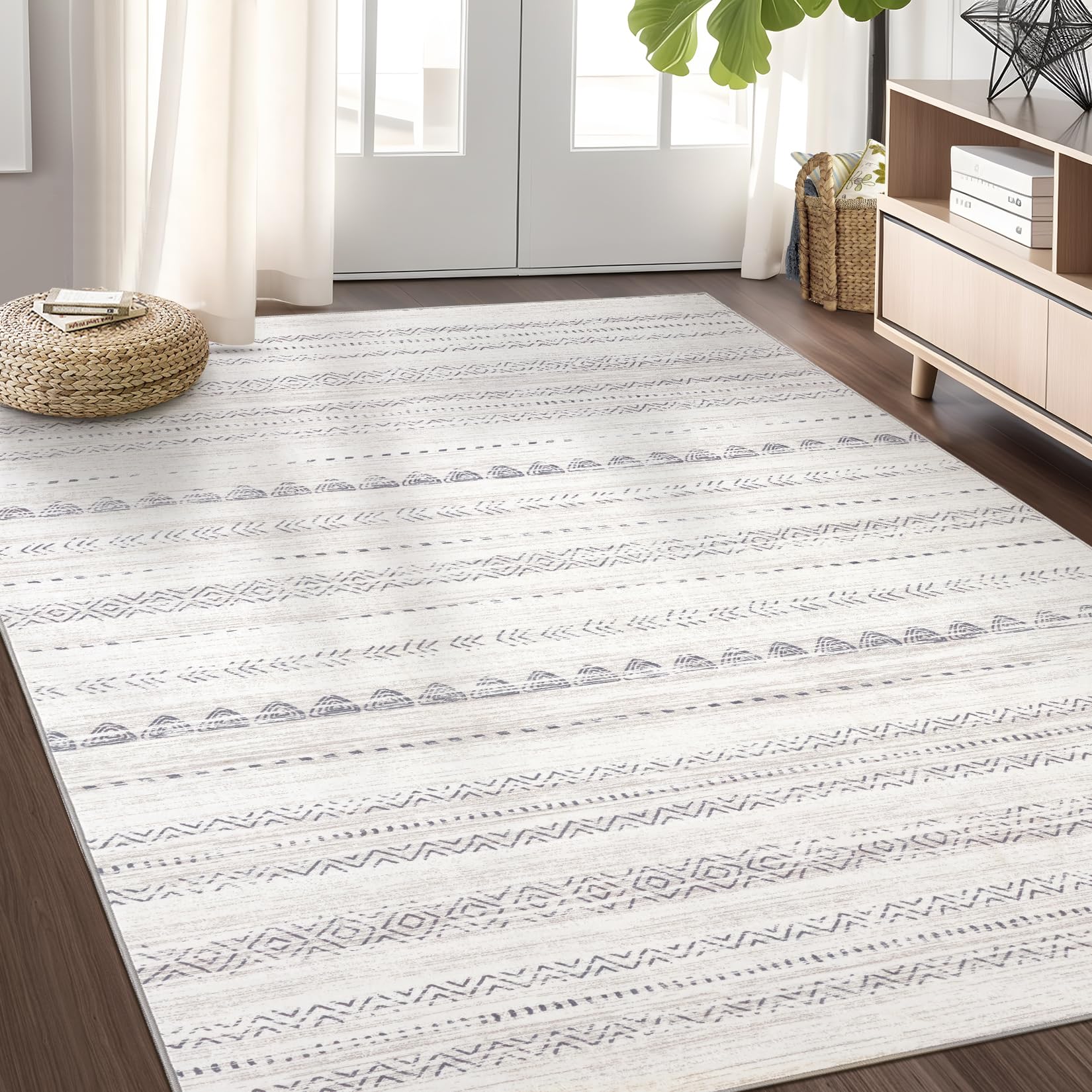 Area Rug Living Room Rugs: 4x6 Soft Machine Washable Boho Moroccan Farmhouse Neutral Stain Resistant Indoor Floor Rug Carpet for Bedroom Under Dining Table Home Office House Decor - Grey…