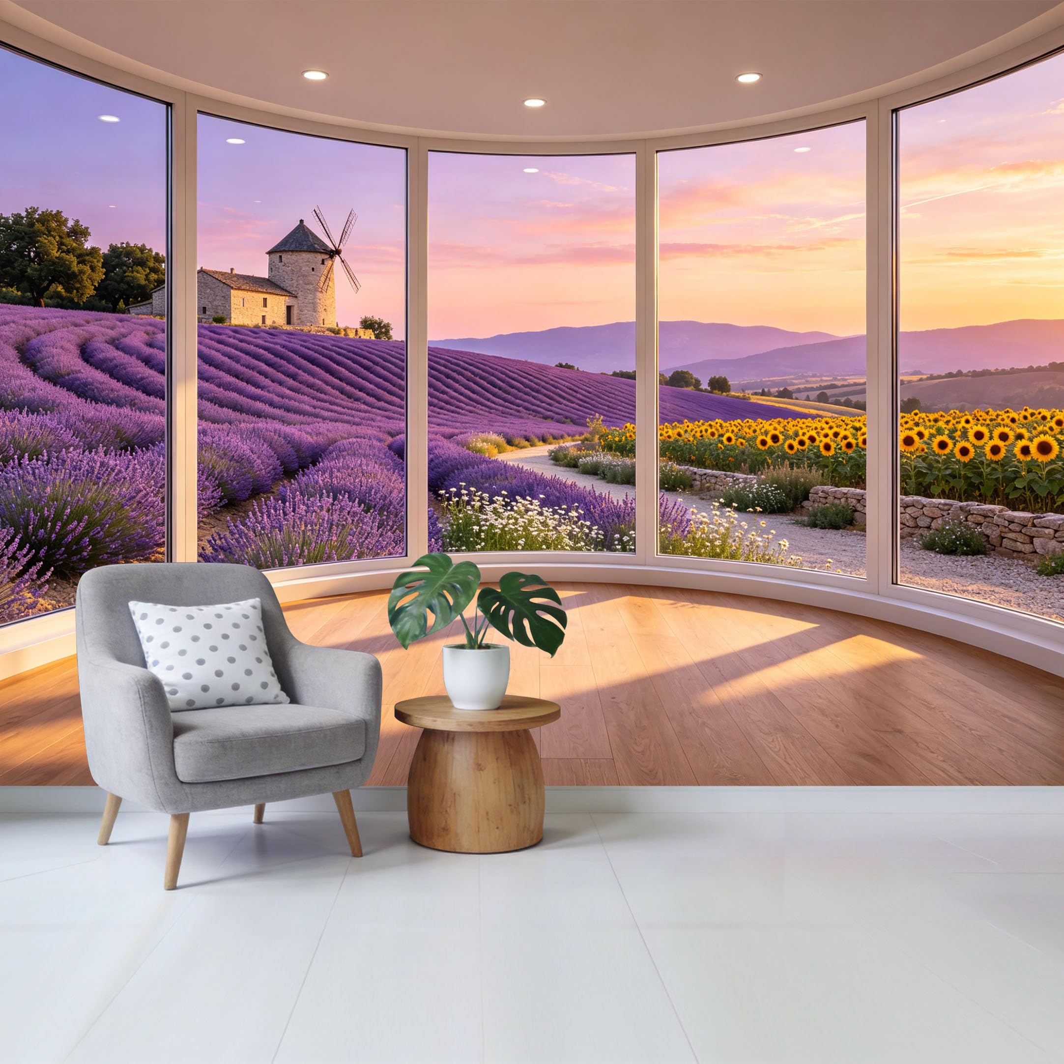 Removable Self Adhesive Fabric Mural， Sunset Lavender Field Sunflower Windmill Custom Size Wall Covering， UV Protected Waterproof Washable Wall Decor for Living Room Bedroom Bathroom