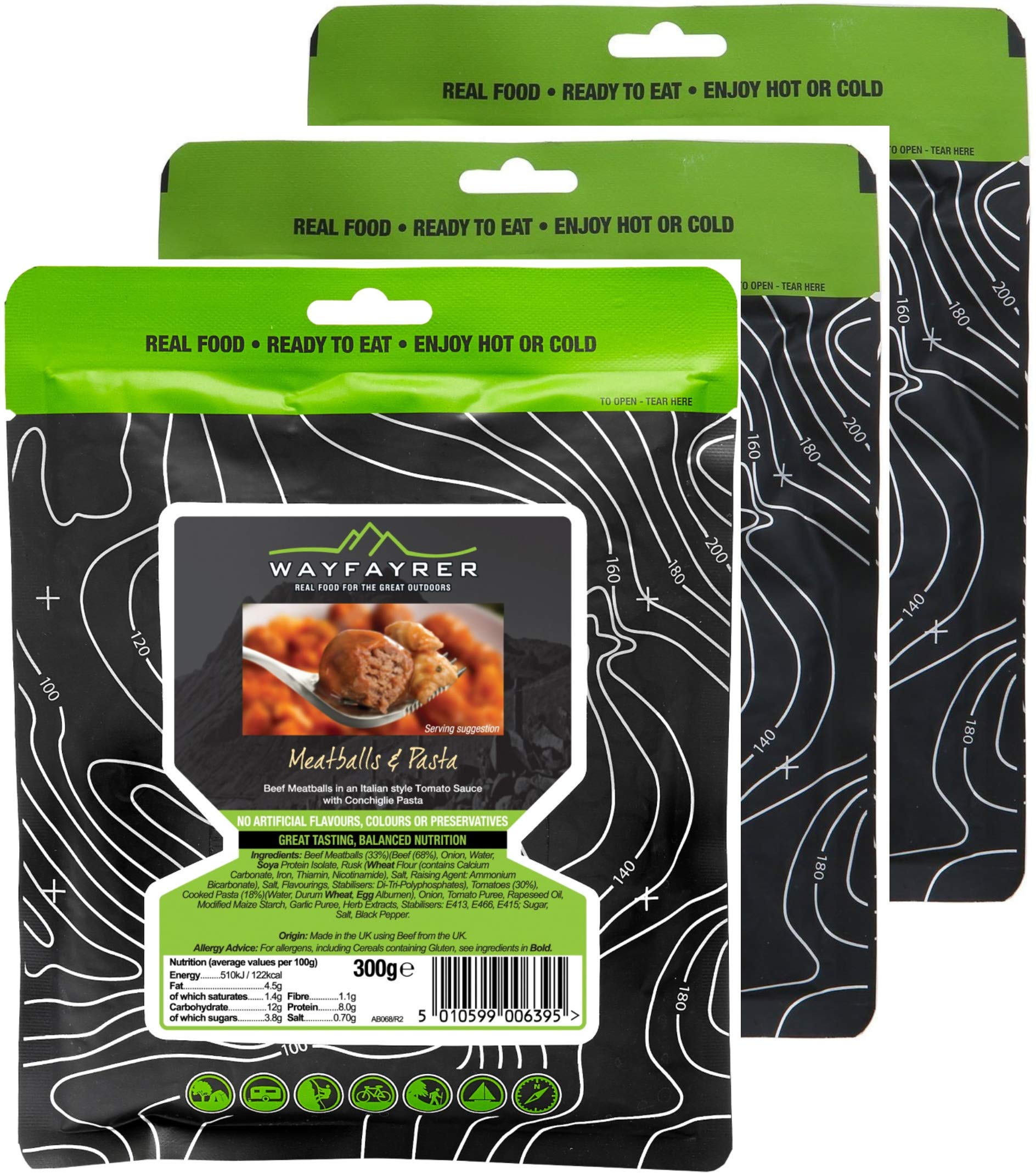 Wayfayrer Meatballs & Pasta 300g Ready to Eat, Hot or Cold, Meal Pouch Recommended for Duke of Edinburgh's Award Expeditions, Camping, Hiking, Fishing and Outdoor Adventures (3 Pack)