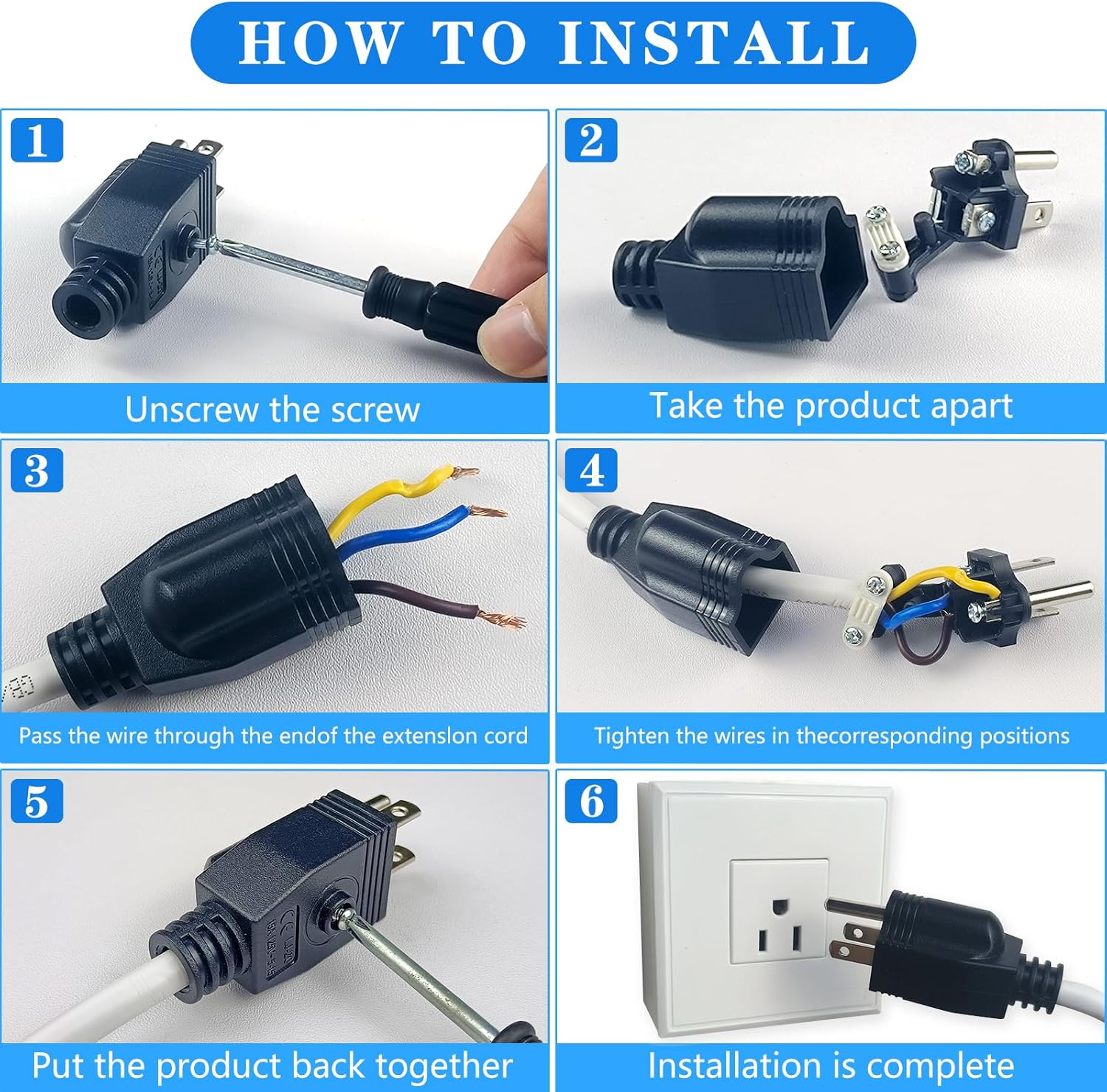 Six-step visual guide for installing the replacement plug: 1. Unscrew, 2. Take apart, 3. Pass wire, 4. Tighten wires, 5. Put back together, 6. Plug into outlet.