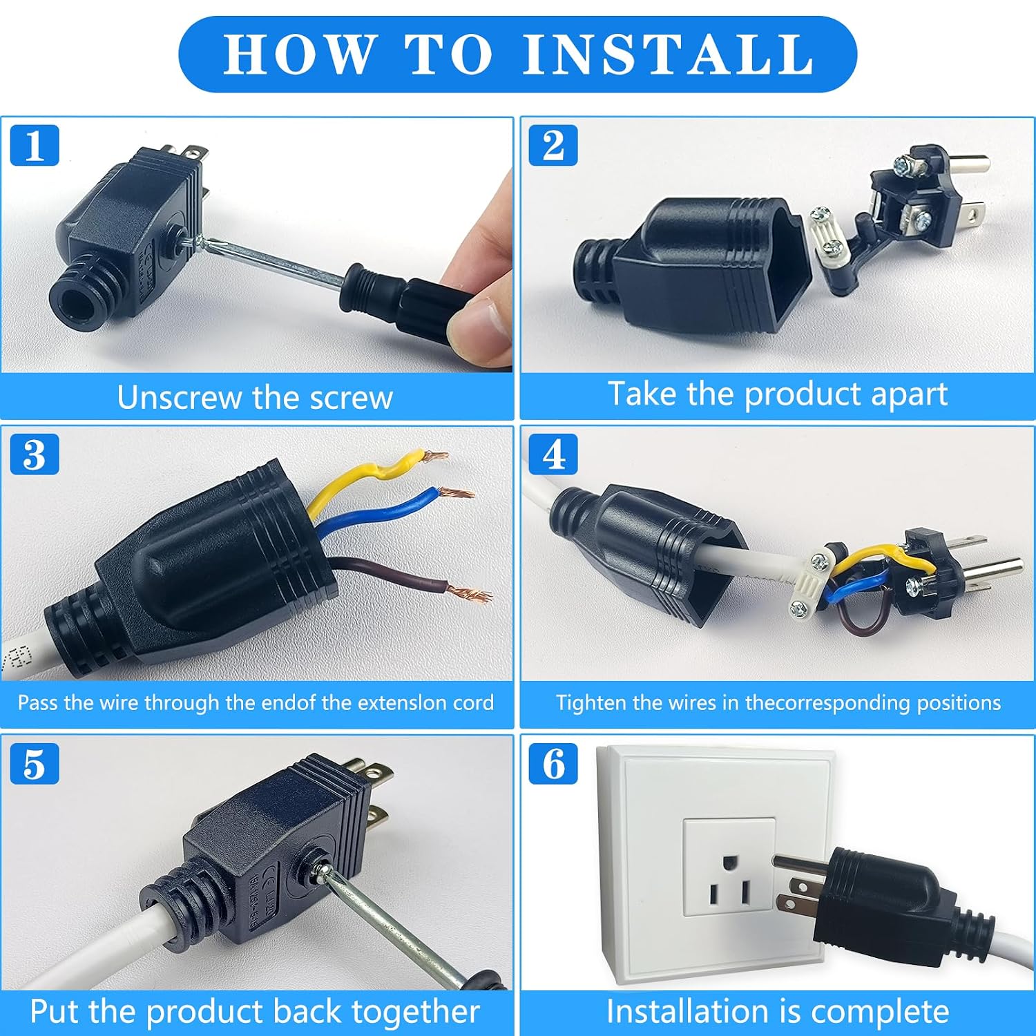 3 Prong Replacement Plug, 6 Pack Extension Cord Ends with 1 Screwdriver | Replacement Plugs 3 Prong Neutral Ground Bonding Plugs, 3 Wire MalePlug, Power Plug Replacements, Black