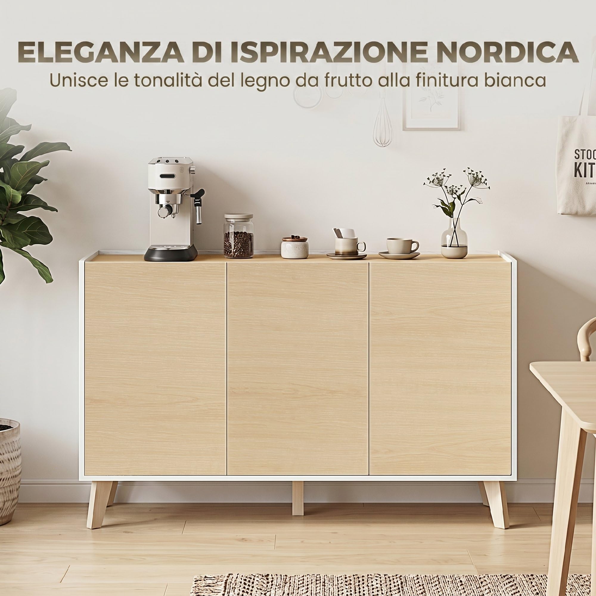 HOMCOM Credenza Cucina, Mobile Cucina con 3 Ante Soft-Close, 6 Scomparti, Base Rialzata, Stile Nordico, Mobile Buffet per Soggiorno, Sala da Pranzo, 120x35x73.5 cm, Color Legno e Bianco