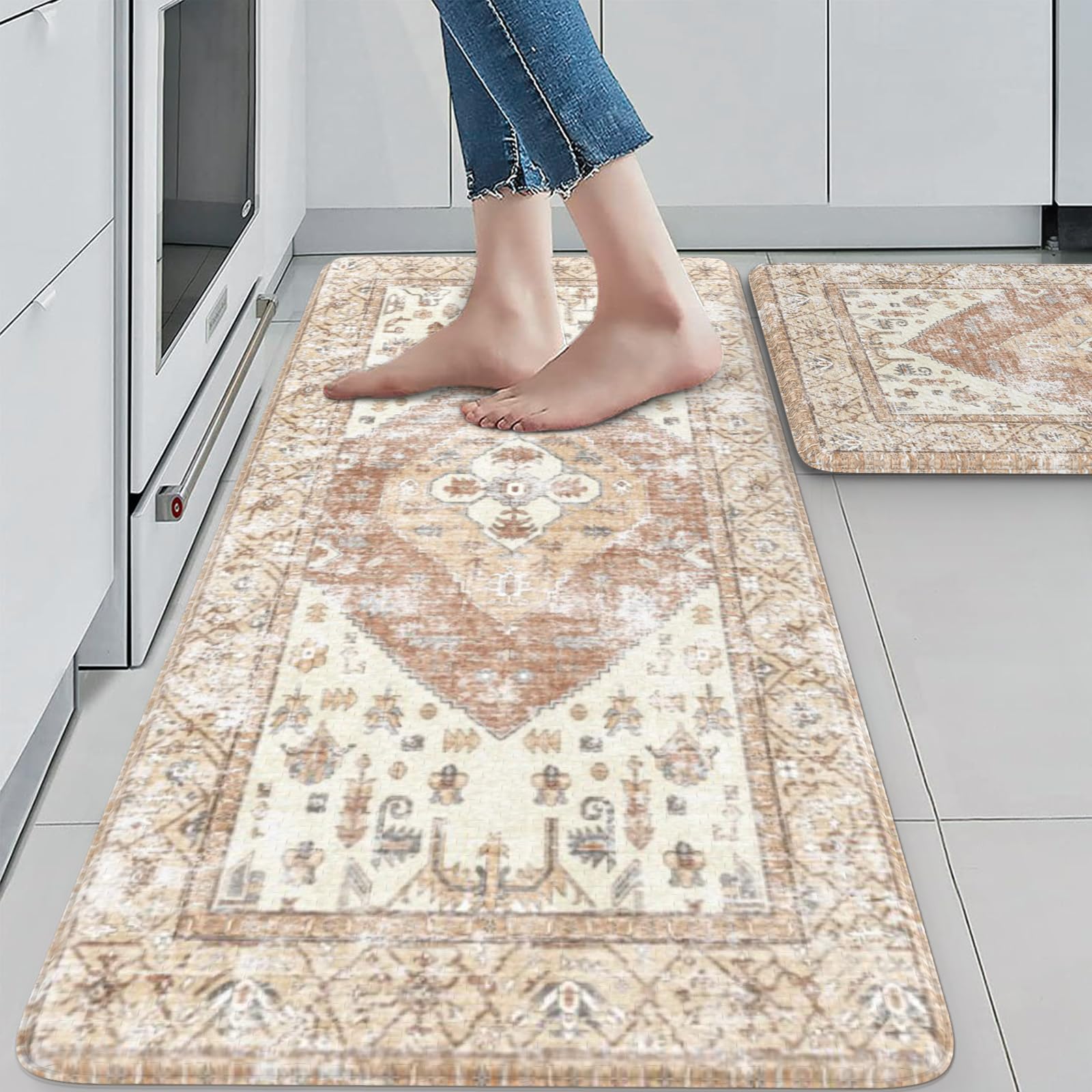 KIMODE Farmhouse Kitchen Mats,Anti Fatigue Kitchen Rugs Sets of 2, Non Slip Waterproof Kitchen Floor Mats, Ergonomic Cushioned Comfort Standing Mat for Laundry, Office, Sink,Desk,Mutil-Khaki