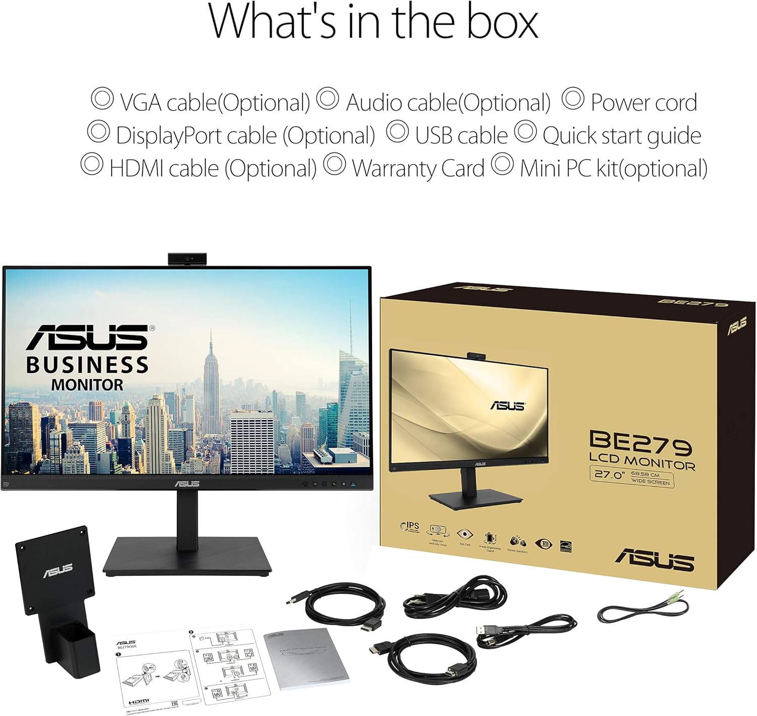 ASUS BE279QSK Monitor 27”, FullHD (1920x1080), HDMI, IPS, Frameless, Webcam FullHD Integrata, Microfono, Speaker Integrati, Design Ergonomico, Eye Care, Riduzione Luce Blu, Nero
