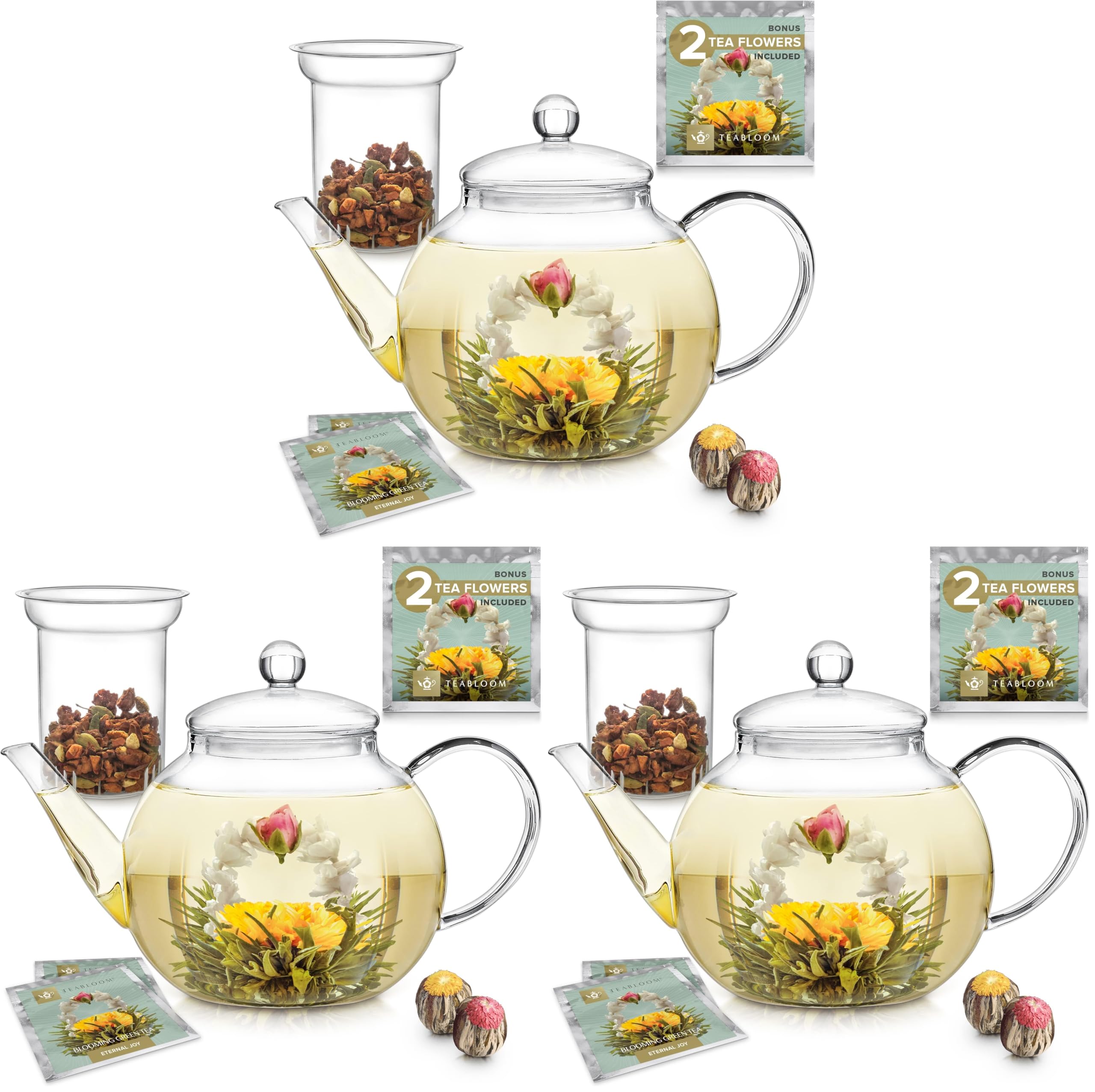 Teabloom Stovetop &amp; Microwave Safe Glass Teapot with Removable Loose Tea Glass Infuser – Includes 2 Blooming Teas – 2-in-1 Tea Kettle and Tea Maker – Tea Purist's Choice (Pack of 3)