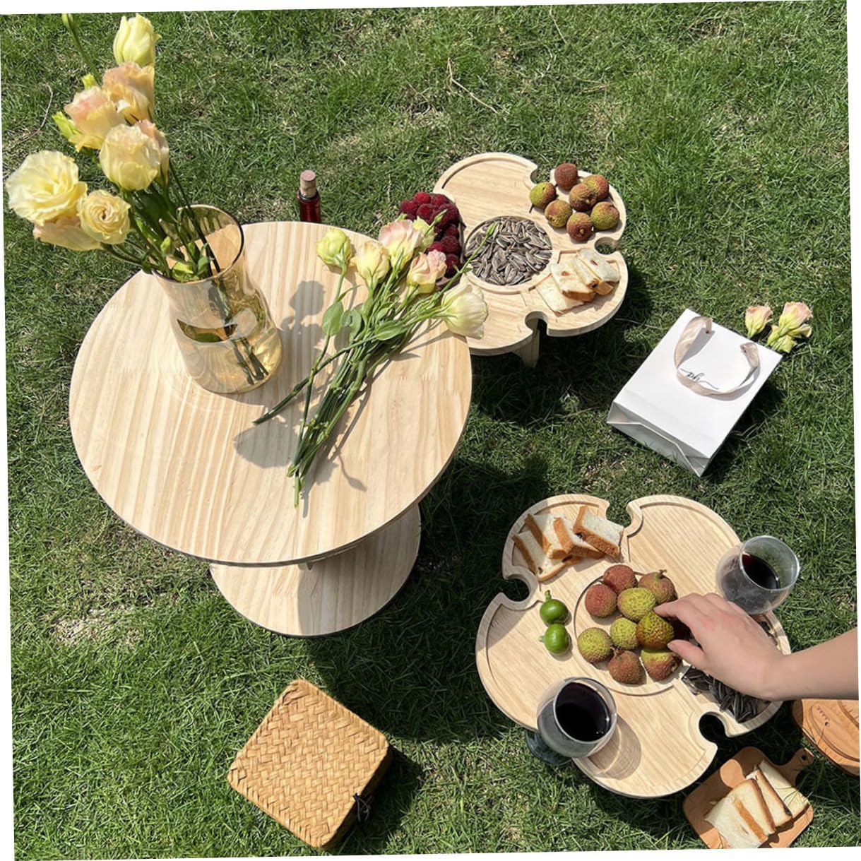Ciieeo Portable Foldable Wine Holder Table Outdoor Picnic Beach Wooden Beverage Rack 35cm Diameter Compact Patio Folding Table for Camping and BBQ