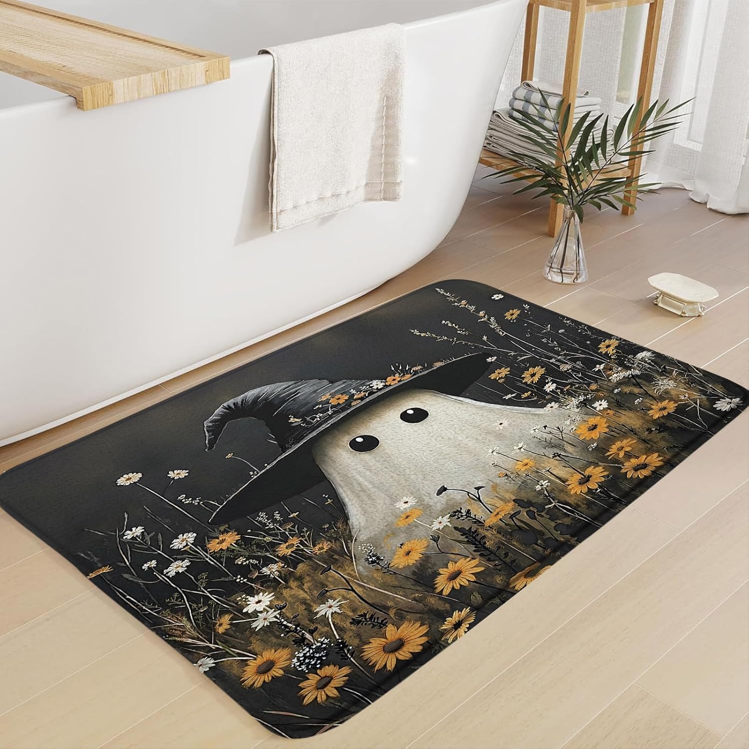 Halloween Ghost Bath Mat Spooky Ghost Wild Flowers Witchy Funny Cute Gothic Black Oil Painting Bathroom Rug Bedroom Kitchen Floor Decor Mat,24x48 Inch