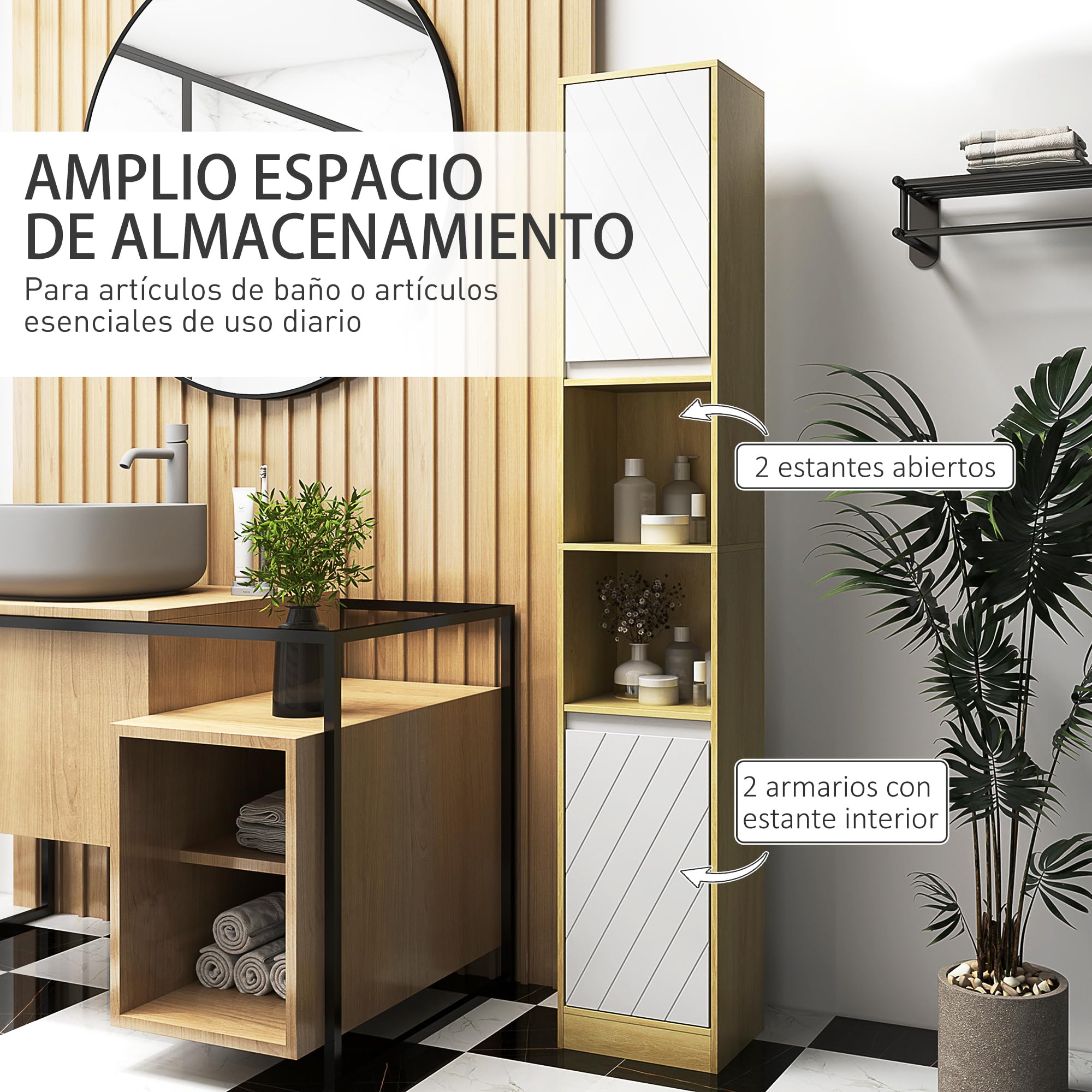 HOMCOM Armario de Baño Alto, Columna de Baño Estrecha con 2 Puertas y 2 Estantes Abiertos, para Espacios Pequeños, 30x24x170 cm, Roble y Blanco