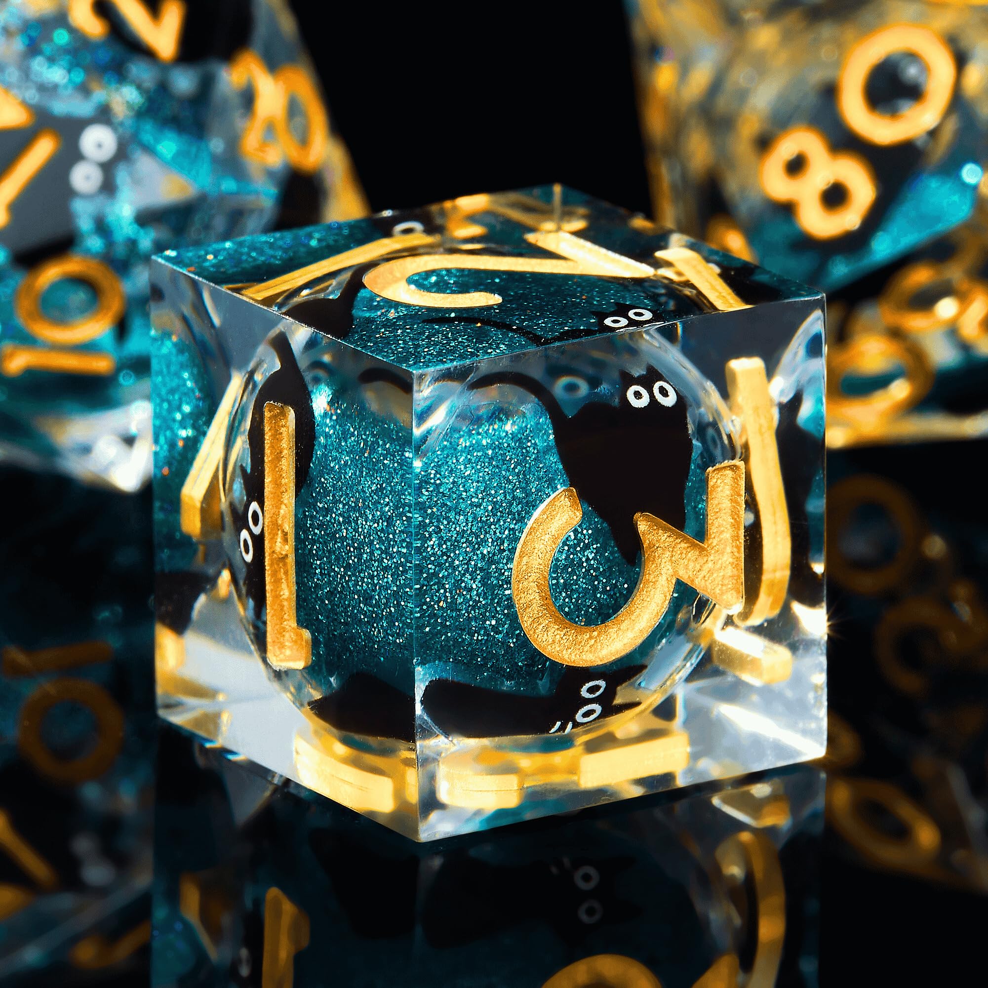 Liquid Core Cat DND Dice Set 7Pcs with Box- Sharp Edge Cute Cat Style Resin Dungeons and Dragons Dice for D&D, Roleplaying Games, RPG, MTG, Table Games D20 D12 D10 D8 D6 D4(Blue) 1