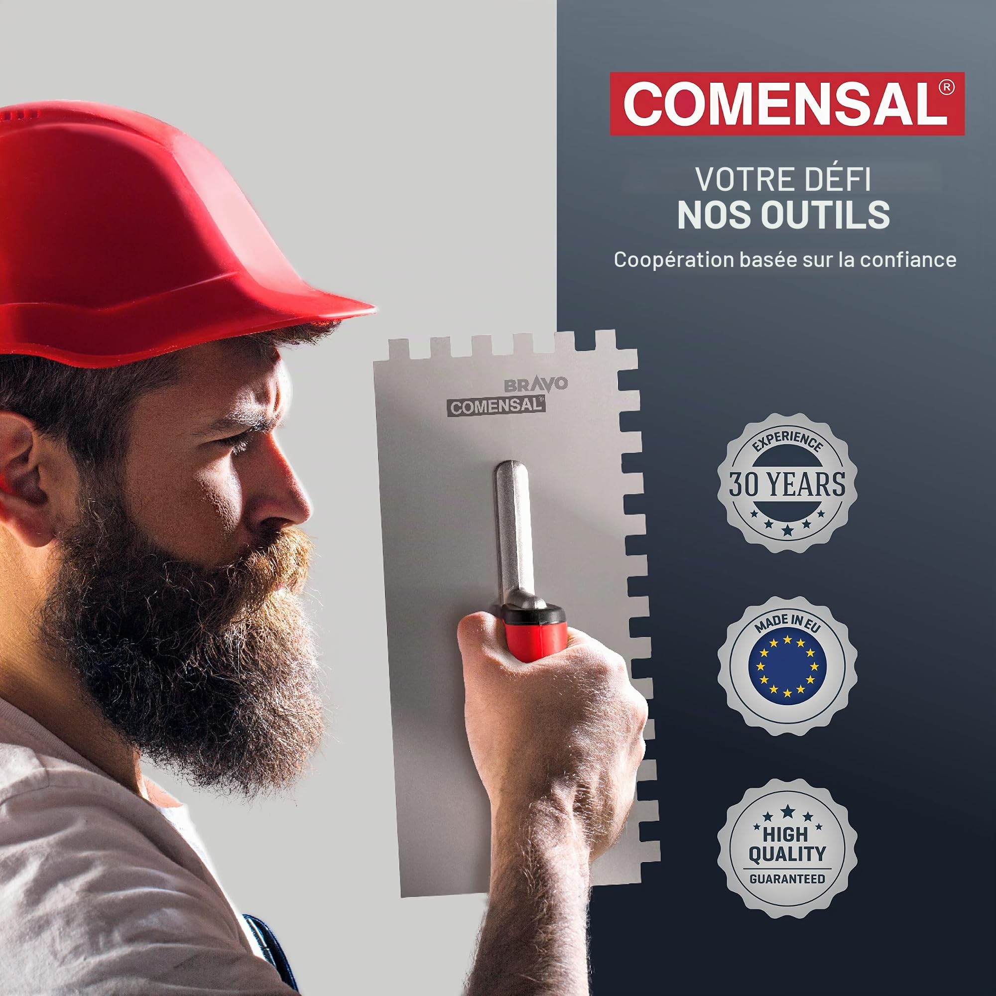 COMENSAL Truelle de Dentée - Taloche pour Colle en Acier Inoxydable - Crantée Outil de Tuile - Made in EU - Dent 4x4 mm
