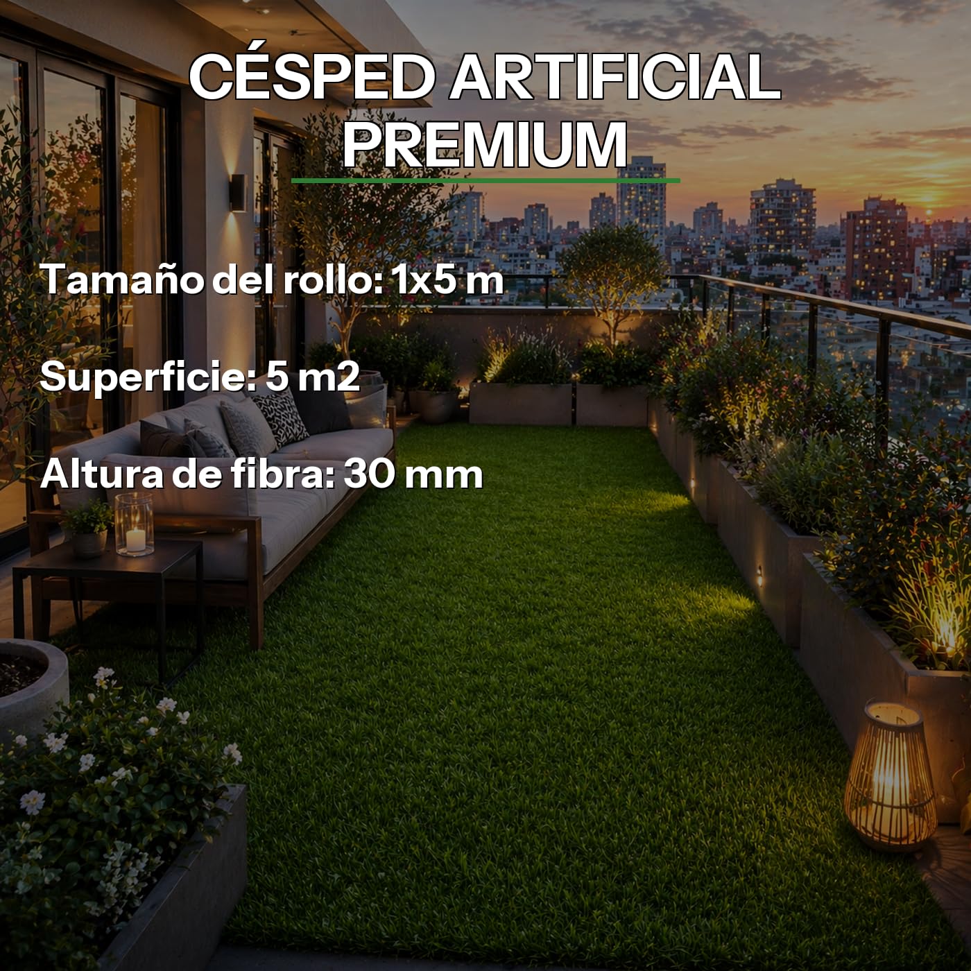 Rollo Césped Artificial 30 mm 1 x 5 m (5 m²), Alfombra Sintética para Interiores y Exteriores, Terrazas, Balcones y Jardín