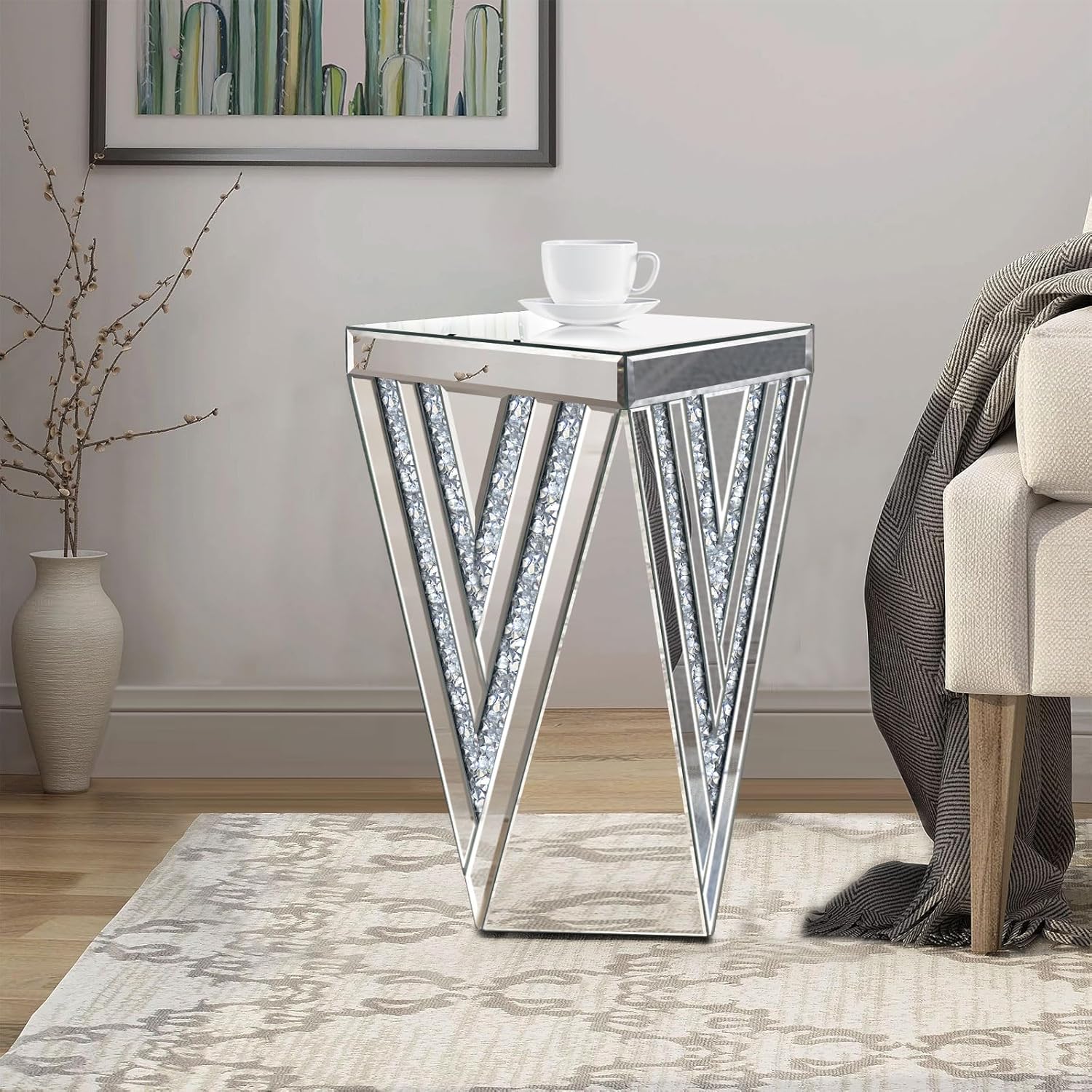 Pregaspor Silver Mirrored End Table, Gorgeous Side Table with Crystal Inlay, Small Mirrored Coffee Table for Living Room, Sofa, Bedroom, Corner Glam-2