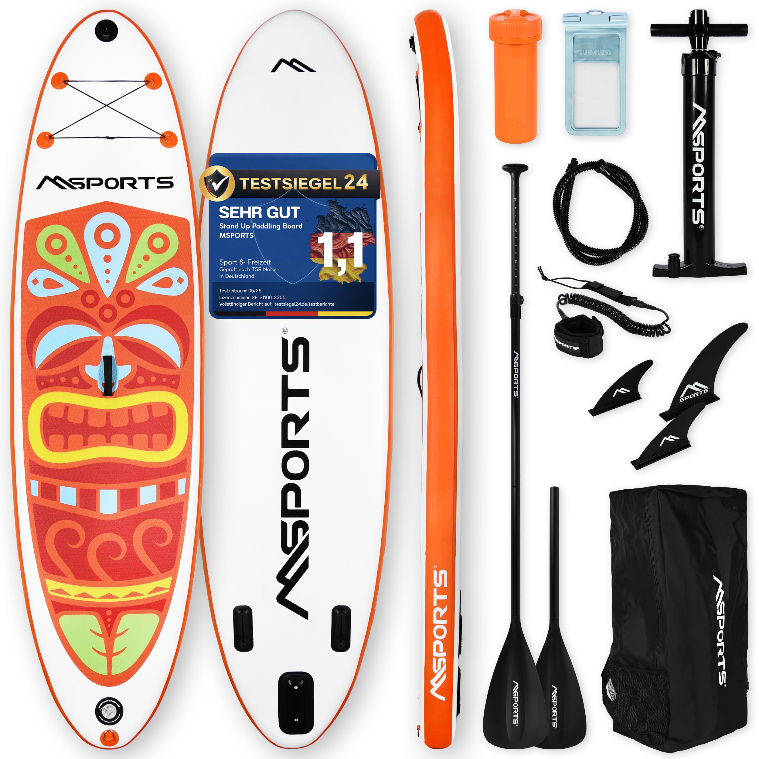 MSPORTS SUP - Stand Up Paddling Board - Aufblasbar Komplettes Paddleboard Zubehör Verstellbares Paddel, hochwertige Pumpe + 2X Paddelstock + wasserdichte Smartphone Tasche + Multifunktionstasche