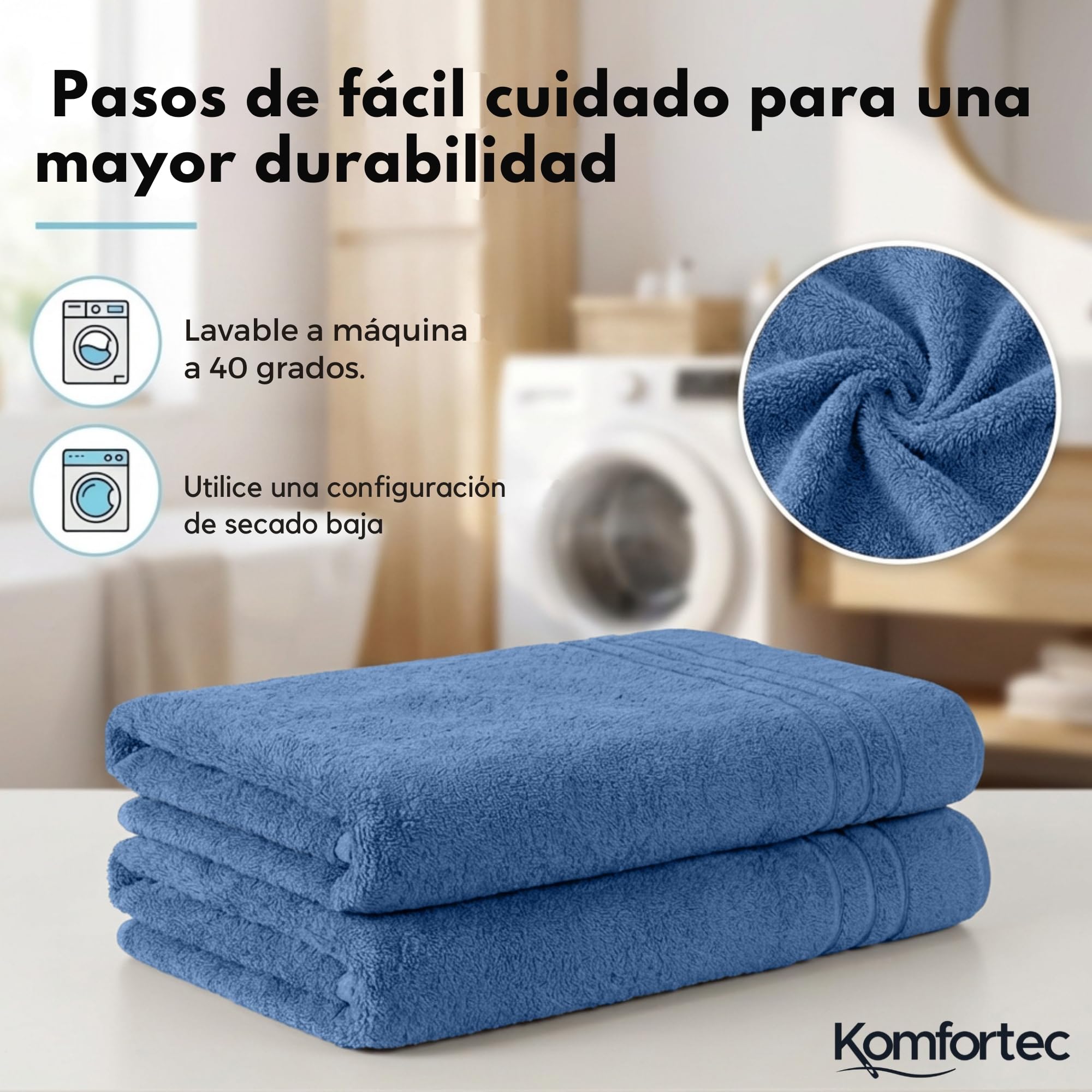 Komfortec Juego de 2 Toallas de Sauna 80 x 200 cm, 100% Algodón, Toallas XXL para Sauna, Suaves, Grandes, de Rizo y de Secado Rápido, Azul Claro