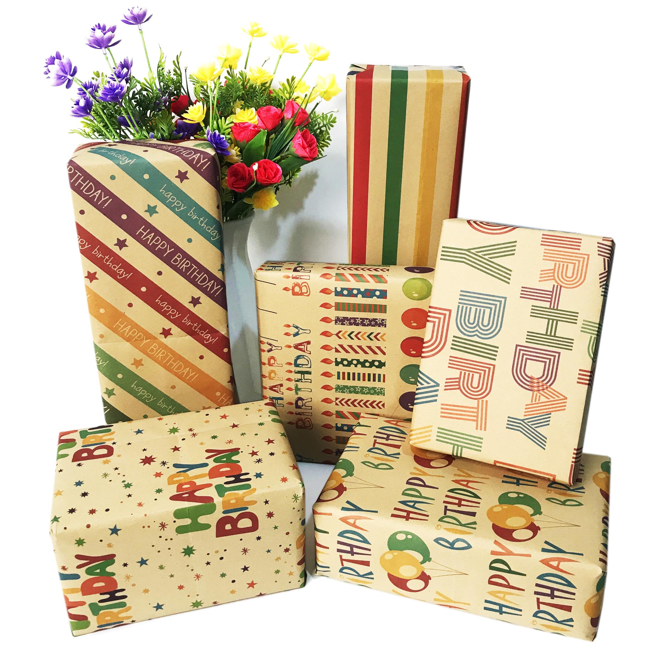6 Sheets 50 x 70 cm Kraft Birthday Wrapping Paper, Recyclable Wrapping Paper, Birthday Wrapping Paper for Men, Women & Kids Birthday Celebrations