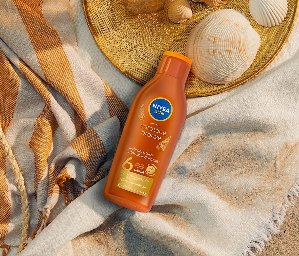 NIVEA SUN Latte Solare Carotene Bronze FP 6 200 ml, Crema solare abbronzante con protezione per una pelle dorata, Crema abbronzante arricchita con carotene e vitamina E