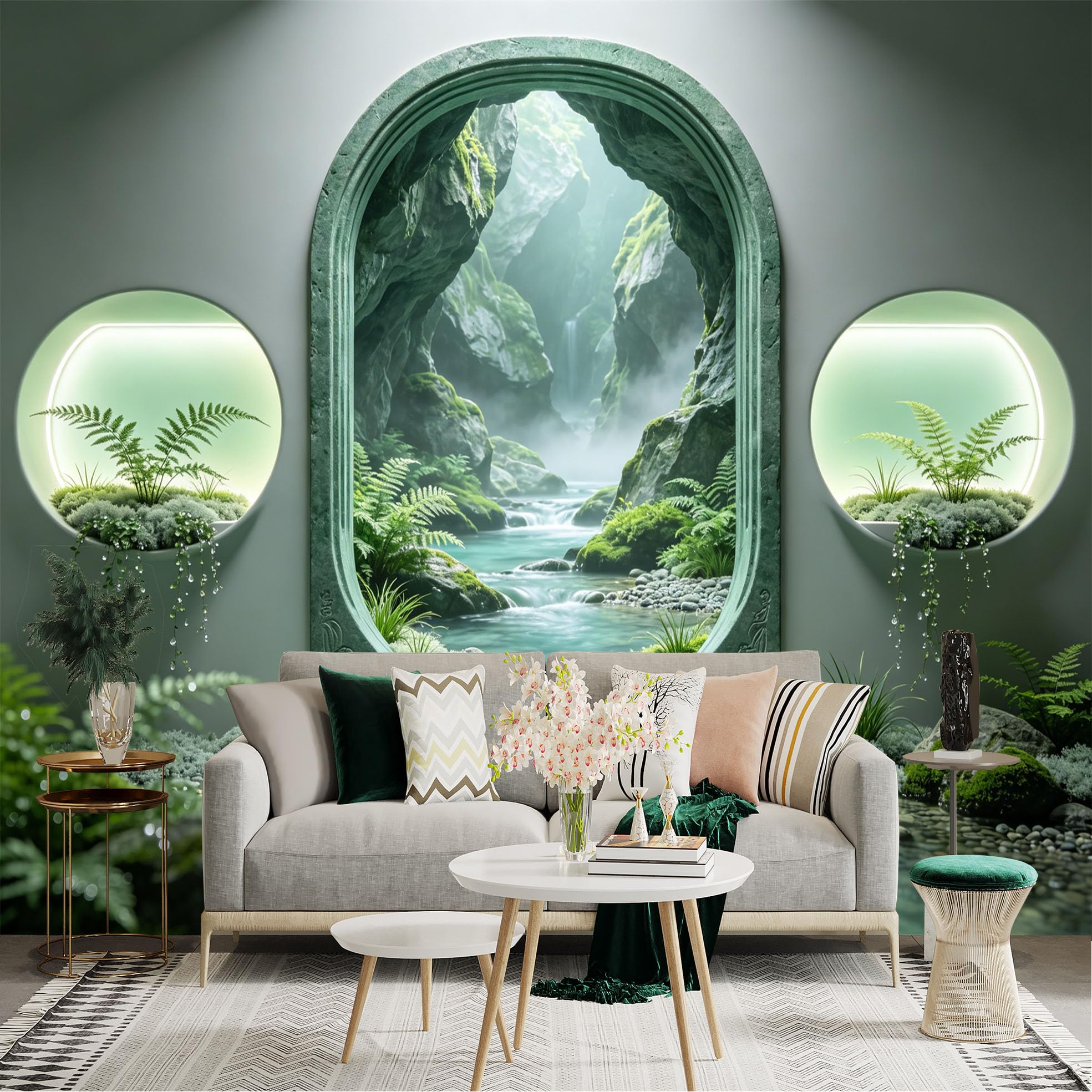 Custom Size Wall Sticker Mural， Misty Forest Waterfall with Stone Arch and Fern Plants， for wall Decoration， peelandstick wall Decals.