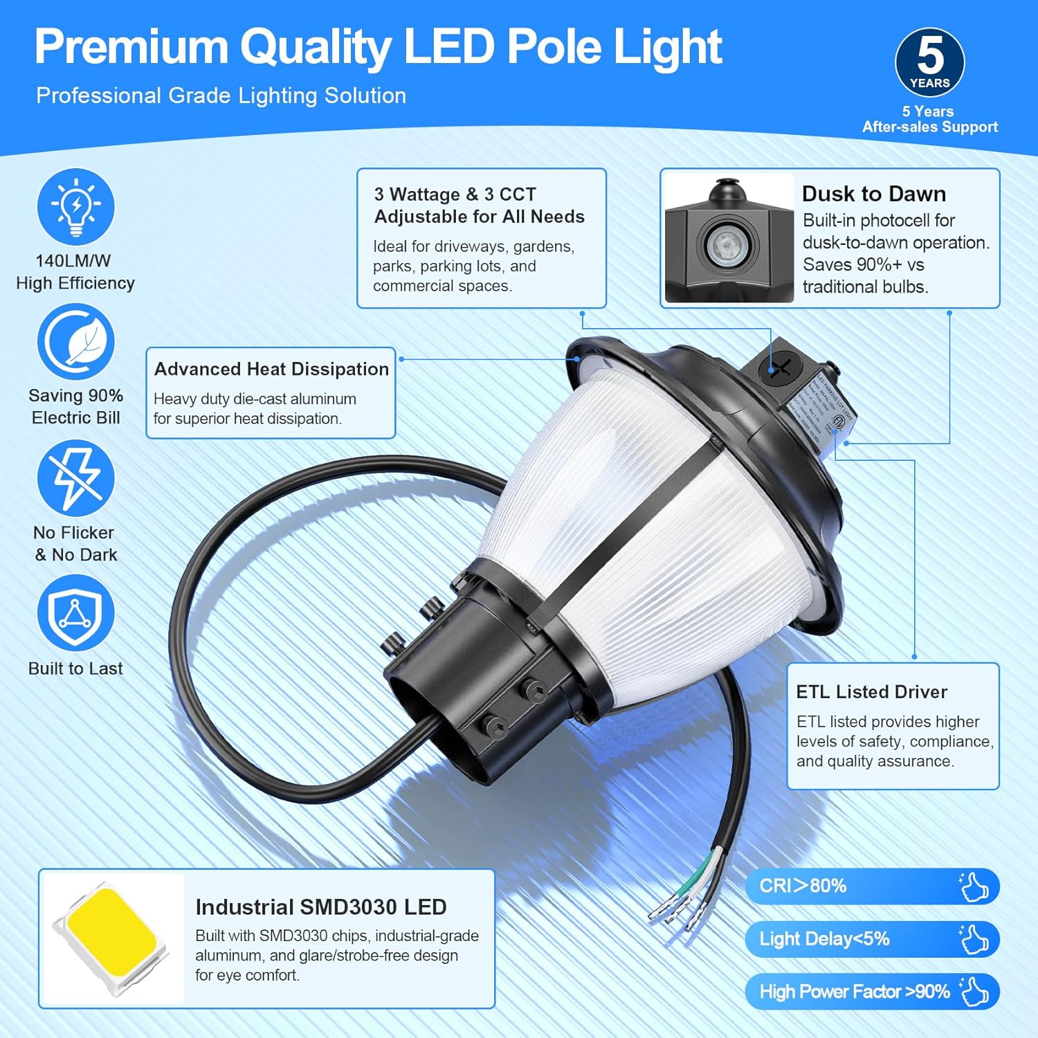 LED Post Top Light 100W/80W/60W Adjustable, ETL DLC Listed 14000LM Outdoor Pole Light 3000K 4000K 5000K Tunable, Post Lights Fixture with Photocell IP65 Waterproof AC100-277V