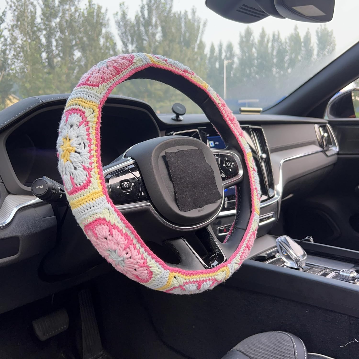 Handmade Crochet Pink Fower Granny Square Car Steering Wheel Covers Universal 14-15 inch for Women and Men (Steer Wheel Cover+ 2 Belt Cover+2 Coaster)