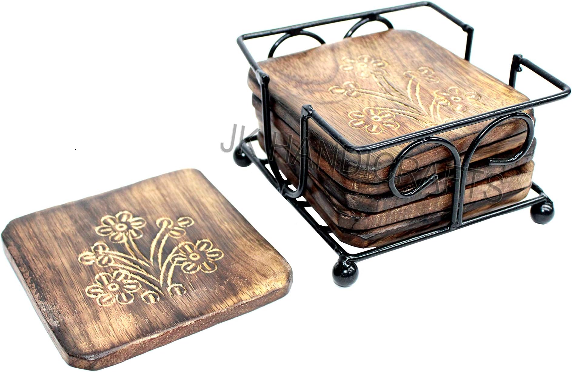 Coaster Set of 6 / Wooden Coaster with Wrought Iron Holder for Coffee Table/Kitchen/Dining Table/Beer Glass