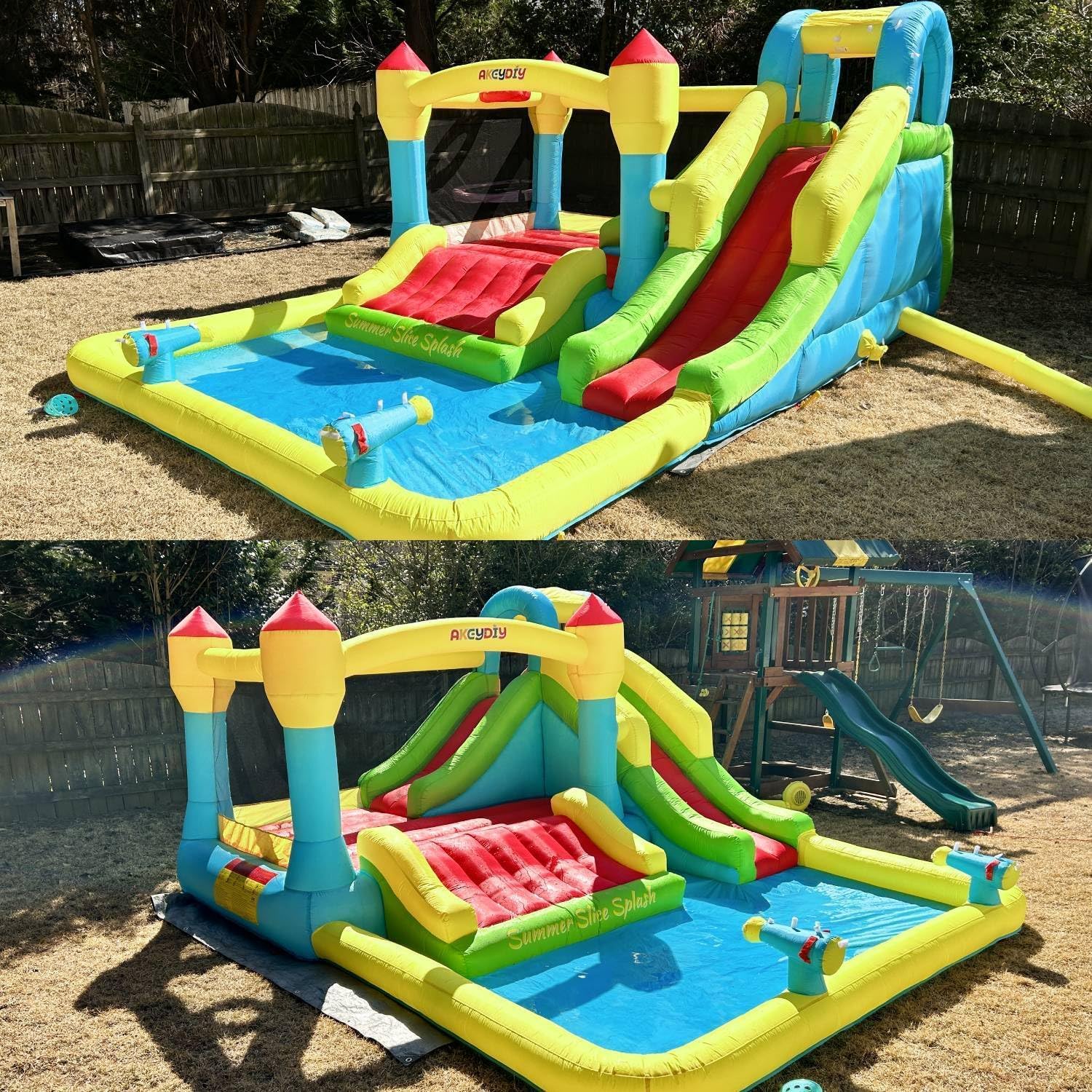 Inflatable Bounce House with 3 Slide, Bounce House for Kids Indoor Outdoor, Bouncy House with Blower, Pool, Water Cannon, Climbing Wall, Basketball Hoop, Boxing, Wet & Dry 187x133x80 Inch