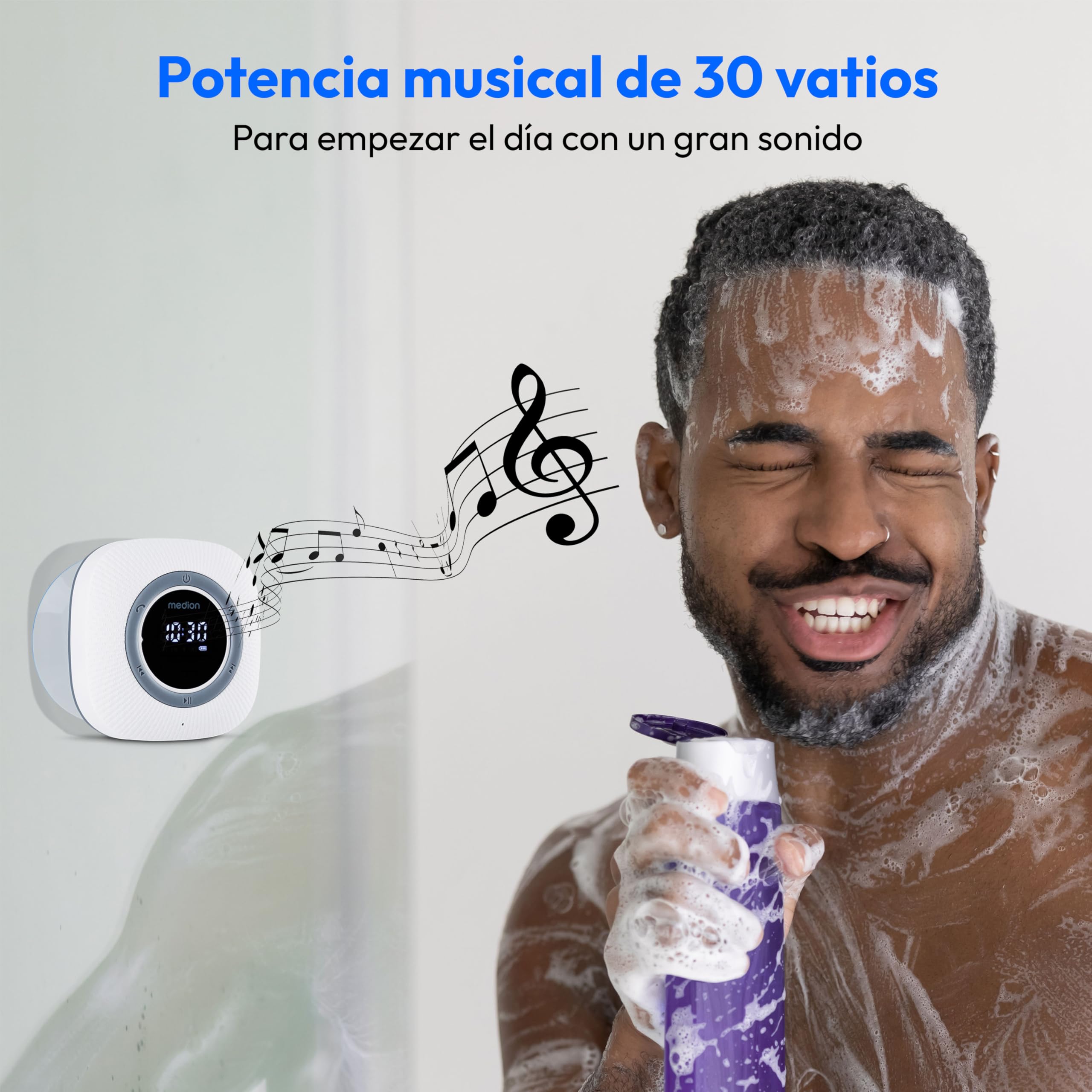 MEDION P66096 Radio de Ducha con Bluetooth (Radio de baño, Radio FM, Ventosa, Pantalla LED, Impermeable IPX6, batería Recargable integrada, MD43884) Blanco
