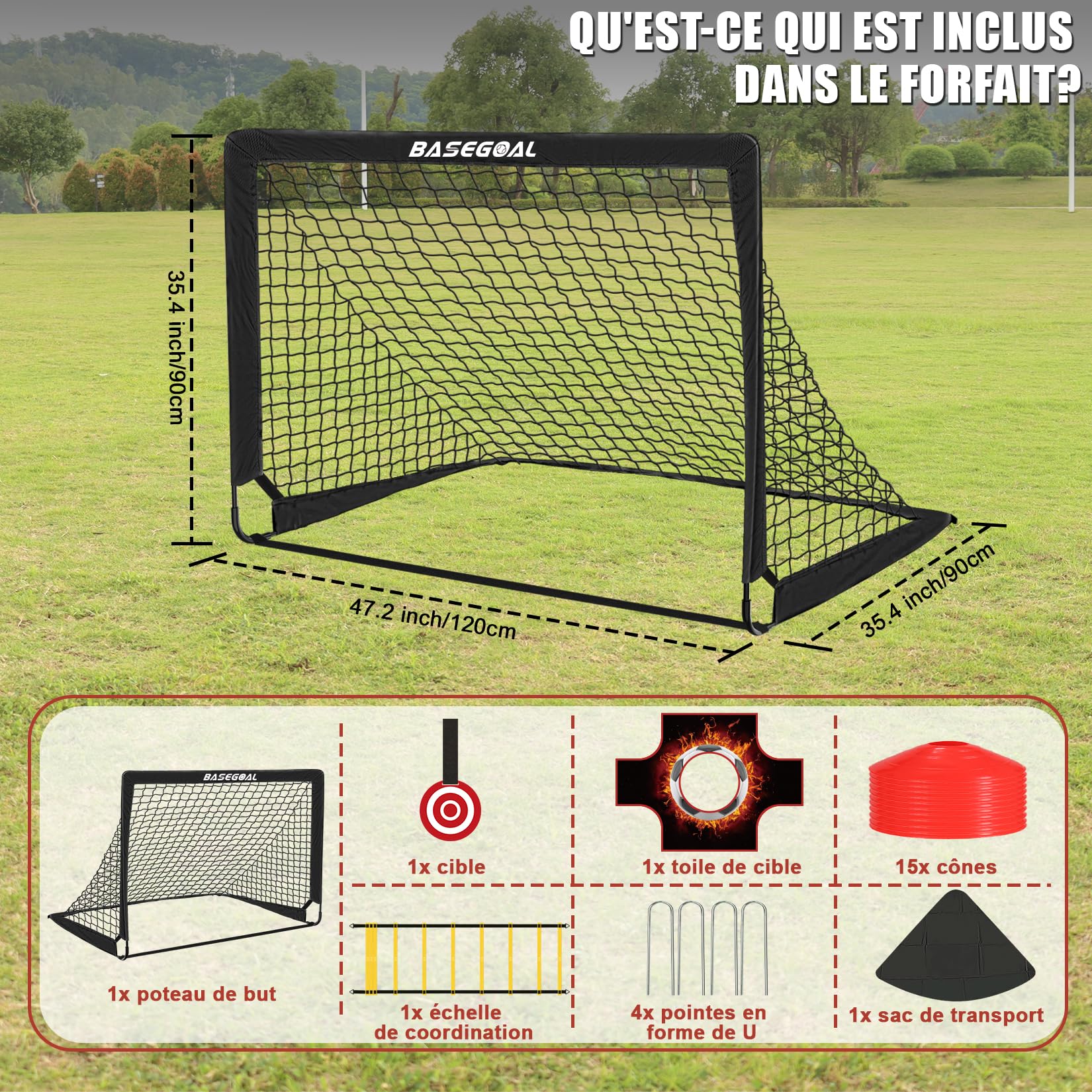 BaseGoal 3 en 1 Cage de Football pour Jardin 120x90cm | But de Foot Exterieur Pliable avec Cible Suspendue, Ballons de Football et Cônes de Football pour Adolescents
