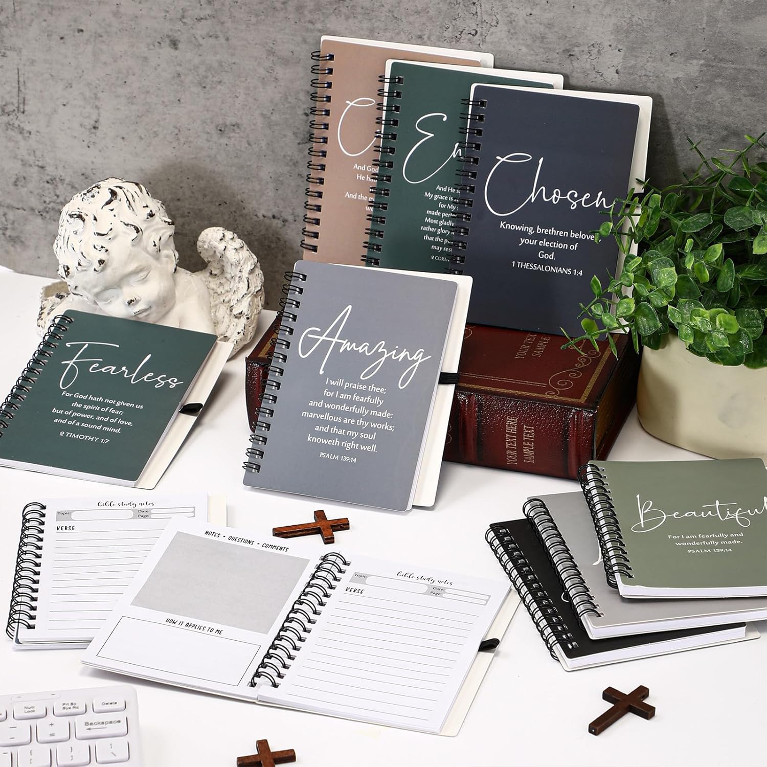 Kosiz 24 Sets Administrative Professional Gifts Bulk Christian Spiral Notebooks with Pens Small Bible Prayer Journals and Pens Gifts for Women Men Church Office School Supplies (Boho)